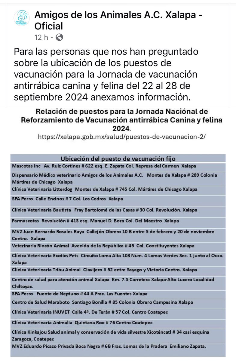 Jornada Nacional de reforzamiento de vacunación antirrábica🐱🐶 en #Xalapa, lugares FIJOS del 22 al 28 d sept! GRATUITA! 
<a href="/VialidadXalapa/">Vialidad Xalapa 🚦 VX 🌎</a> <a href="/mayteponm/">Mayte P.</a> <a href="/PacoDizfinck/">𝗣𝗮𝗰𝗼 𝗗𝗶𝘇𝗳𝗶𝗻𝗰𝗸</a> <a href="/mageba04/">Gina alarcon</a> <a href="/RoxanaAAT/">Feto de PicaFresa🍓</a> <a href="/aasullegna/">Angie Triaz🙏🏽</a> <a href="/Corintiacruz/">Corintia Cruz Oregón</a> <a href="/MitziArias_/">Mitzi Arias</a> <a href="/AbelMucino/">Abel Muciño</a> <a href="/tierraverde1943/">ℓια ₊˚.༄ *ﾟ🌱</a> <a href="/anicienta_6/">Ana Pelaez</a> <a href="/fherciencias/">Soy Fher!</a>