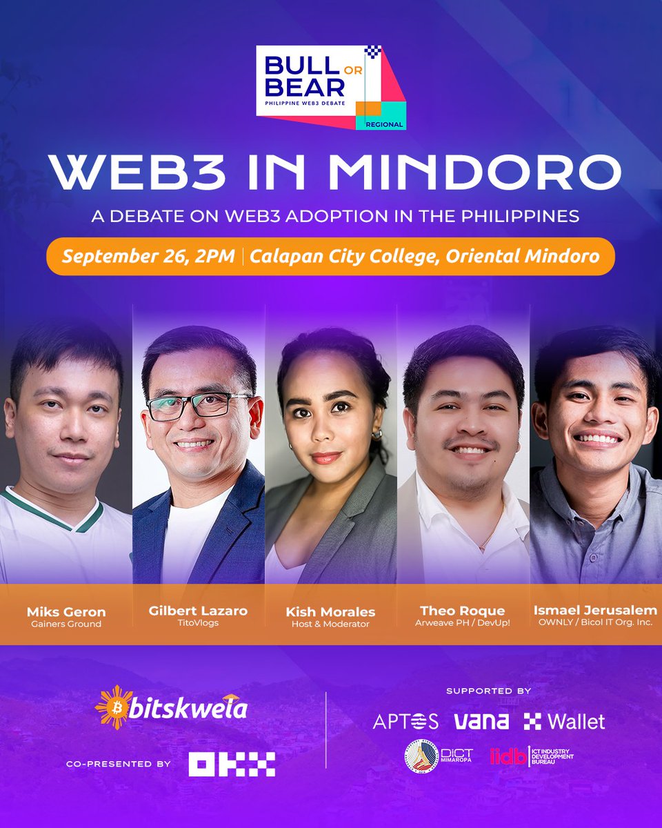 TIME TO CHOOSE YOUR SIDE, Mindoro!  🇵🇭

Are you #Bullish 🐂 or #Bearish 🐻?

Bull or Bear is an annual Philippine Web3 Debate joined by top voices from the Web3 and Web2 space to hold conversations on cryptocurrencies, Web3, and different related ideologies.