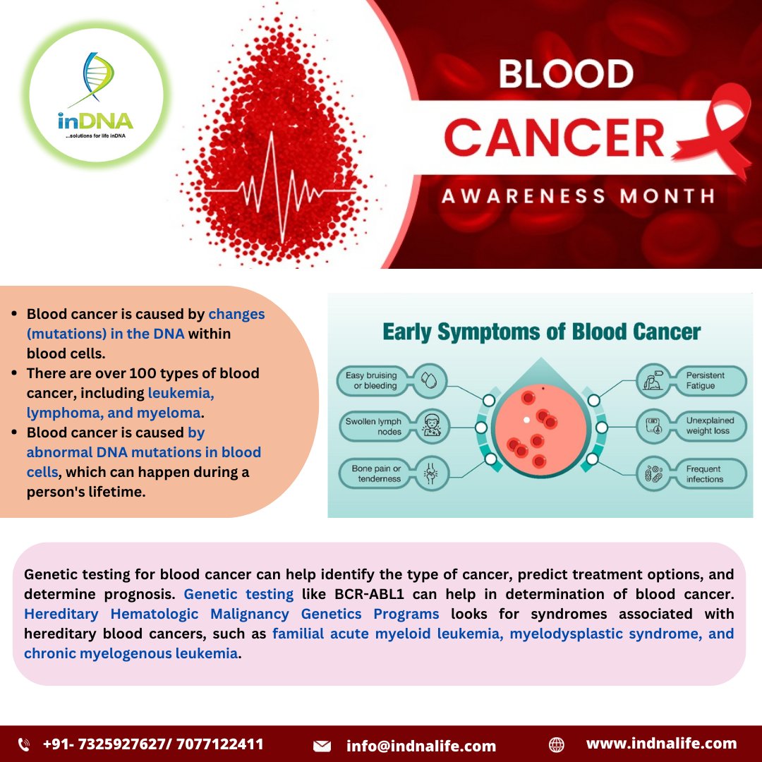 inDNA_life's tweet photo. Blood cancers affect the production and function of your blood cells. Most of these cancers start in your bone marrow where blood is produced. Leukemia, lymphoma and myeloma are some of the most common types of blood cancer. Molecular genetic testing can help in early detection. https://t.co/8nH44hqmGd