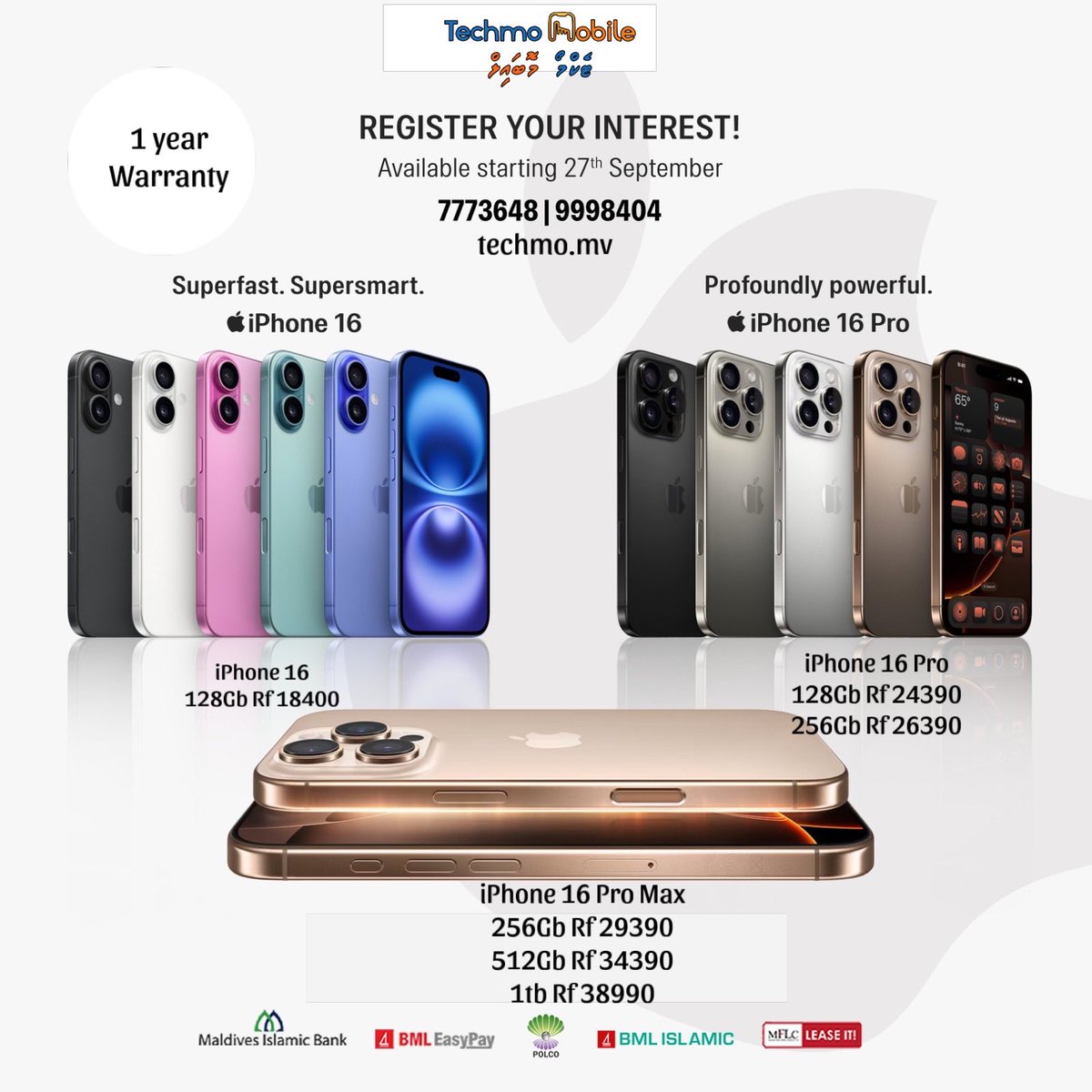 MvTechmo's tweet photo. Available from Friday! #iPhone16 #iPhone16Pro #iPhone16ProMax #techmomobile #Maldives #Dhivehiraajje https://t.co/7JN5r3TNW0
