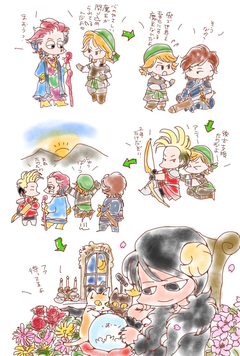 katze822's tweet photo. 新しいアー写を見て、
「魔王様に会いに行くダークファンタジー
魔法使い（今井さん）
戦士（ヒデ）
あーちゃー（兄い）
シーフ（ゆーたん）」

っていうリクエストもらったのに、全然ダークじゃないのが出来上がった。
なぜだ…

#BUCKTICK https://t.co/qu5JDurj8R
