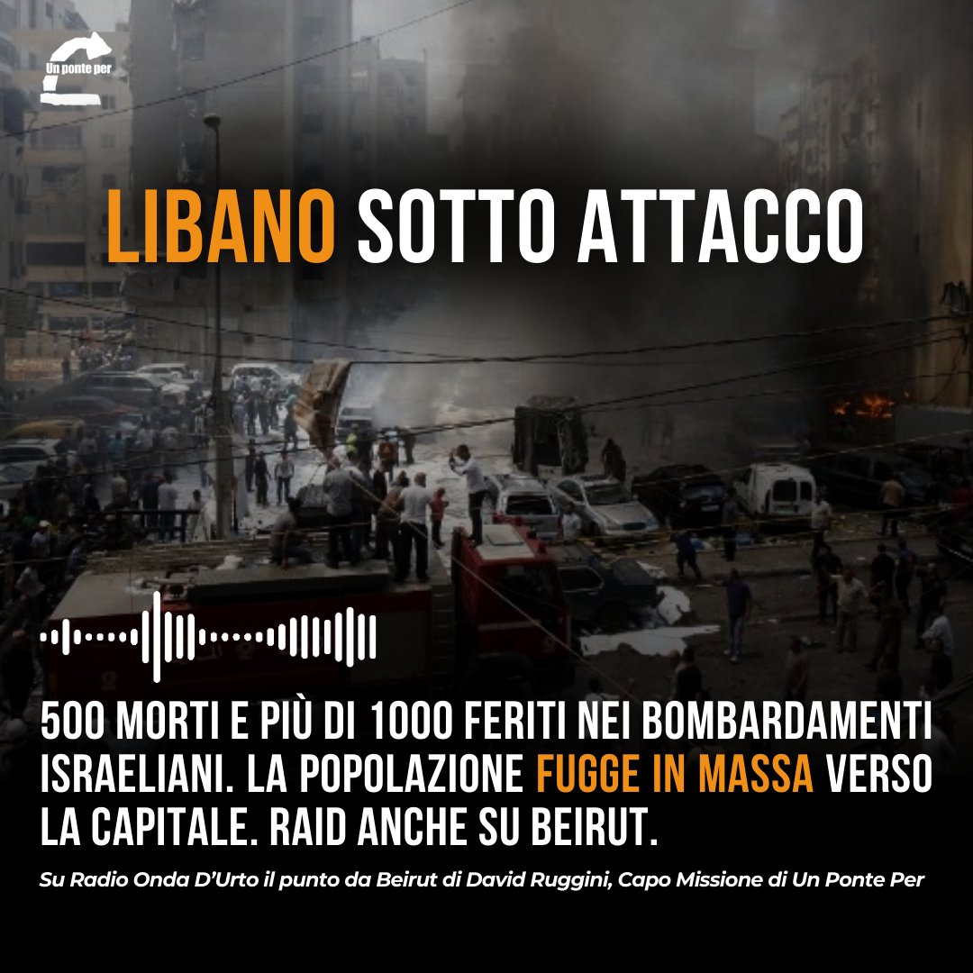 Un Ponte Per (@unponteper) on Twitter photo Nelle ultime ore le forze israeliane hanno lanciato centinaia di bombardamenti su tutto il #Libano, causando circa 500 vittime e più di 1000 persone ferite.
Per <a href="/radiondadurto/">Radio Onda d'Urto</a> fa il punto da Beirut il nostro Capo Missione David Ruggini.
Ascolta qui: fb.watch/uOoIgd6qIu/ Nelle ultime ore le forze israeliane hanno lanciato centinaia di bombardamenti su tutto il #Libano, causando circa 500 vittime e più di 1000 persone ferite.
Per <a href="/radiondadurto/">Radio Onda d'Urto</a> fa il punto da Beirut il nostro Capo Missione David Ruggini.
Ascolta qui: fb.watch/uOoIgd6qIu/