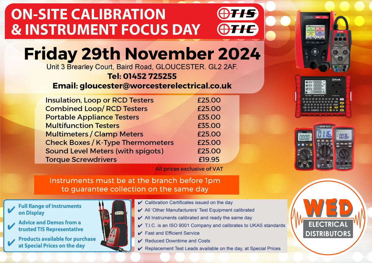 WEDLtd's tweet photo. Test Instrument Solutions  are hosting a calibration day at our Worcester Electrical Distributors Ltd Gloucester branch. Bring in your instruments on Friday 29th November 2024 and chat with Gareth Purcell &amp; his team. https://t.co/Gv8faBQgAU
