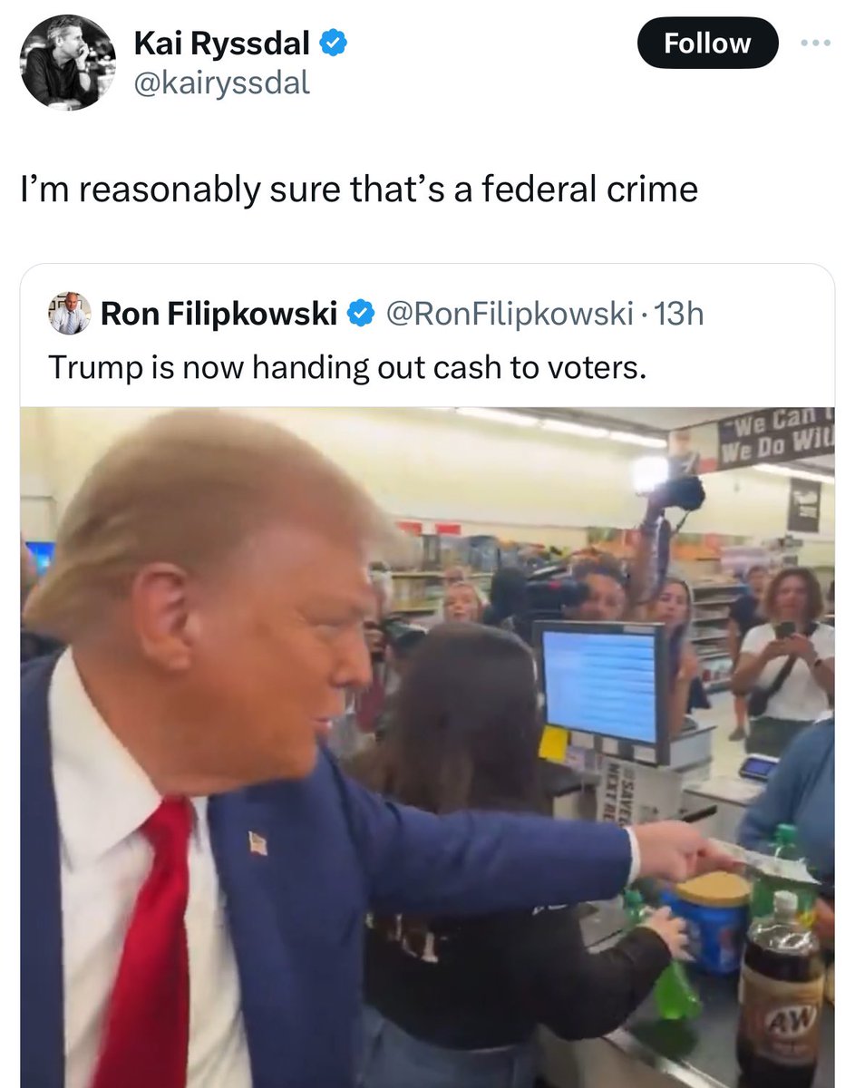 *Trump pays for someone’s groceries* 

Completely normal Democrat reaction: “That’s a federal crime!”
