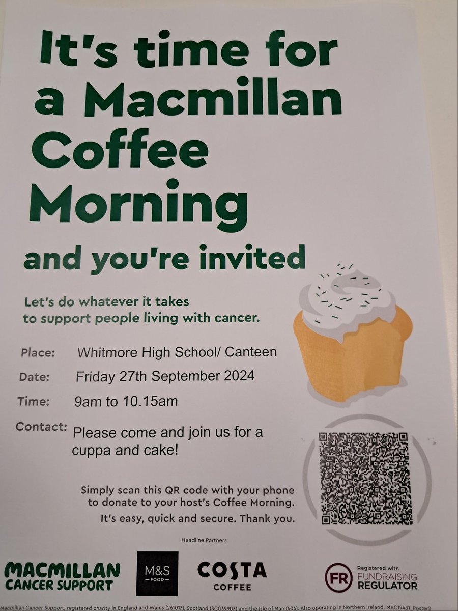 WhitmoreHighSchoolALN (@whitmorealn) on Twitter photo On Fri 27th Sept, 9am-10.15am, we are holding a Coffee Morning to raise funds to support the fantastic work of <a href="/macmillancancer/">Macmillan Cancer Support</a>. You are invited to join us for a cake & a cuppa. There will be the opportunity to make a cash donation or a donation online via the QR code. On Fri 27th Sept, 9am-10.15am, we are holding a Coffee Morning to raise funds to support the fantastic work of <a href="/macmillancancer/">Macmillan Cancer Support</a>. You are invited to join us for a cake & a cuppa. There will be the opportunity to make a cash donation or a donation online via the QR code.