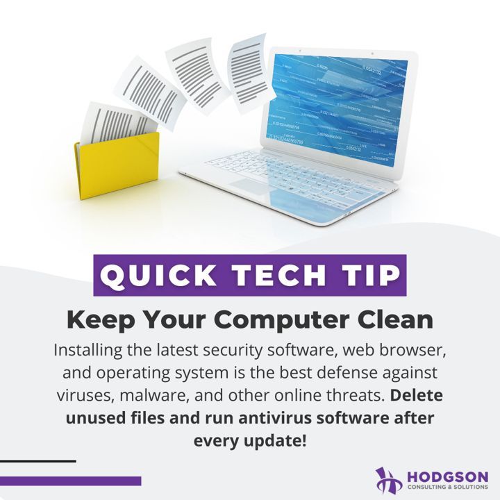 hodgsontechtip's tweet image. Cleaning out your computer is a small but IMPORTANT step. Make sure to update security software, browsers, and operating systems to help prevent hackers from breaking into your network. 

For more cybersecurity tips, be sure to follow us! 

#quicktechtip #cybersecurity #ITSupport