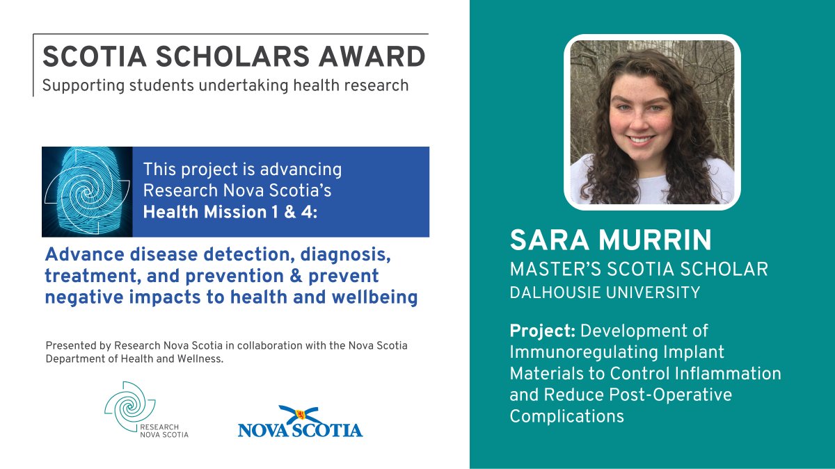 Research Nova Scotia (@_researchns) on Twitter photo Congrats, Sara Murrin <a href="/dalhousieu/">Dalhousie University</a> for receiving a Scotia Scholars Master’s Award!
Sara will study immunoregulating implant materials to control inflammation & reduce post-op complications, advancing our mission to advance disease detection diagnosis treatment & prevention
(1/2) Congrats, Sara Murrin <a href="/dalhousieu/">Dalhousie University</a> for receiving a Scotia Scholars Master’s Award!
Sara will study immunoregulating implant materials to control inflammation & reduce post-op complications, advancing our mission to advance disease detection diagnosis treatment & prevention
(1/2)