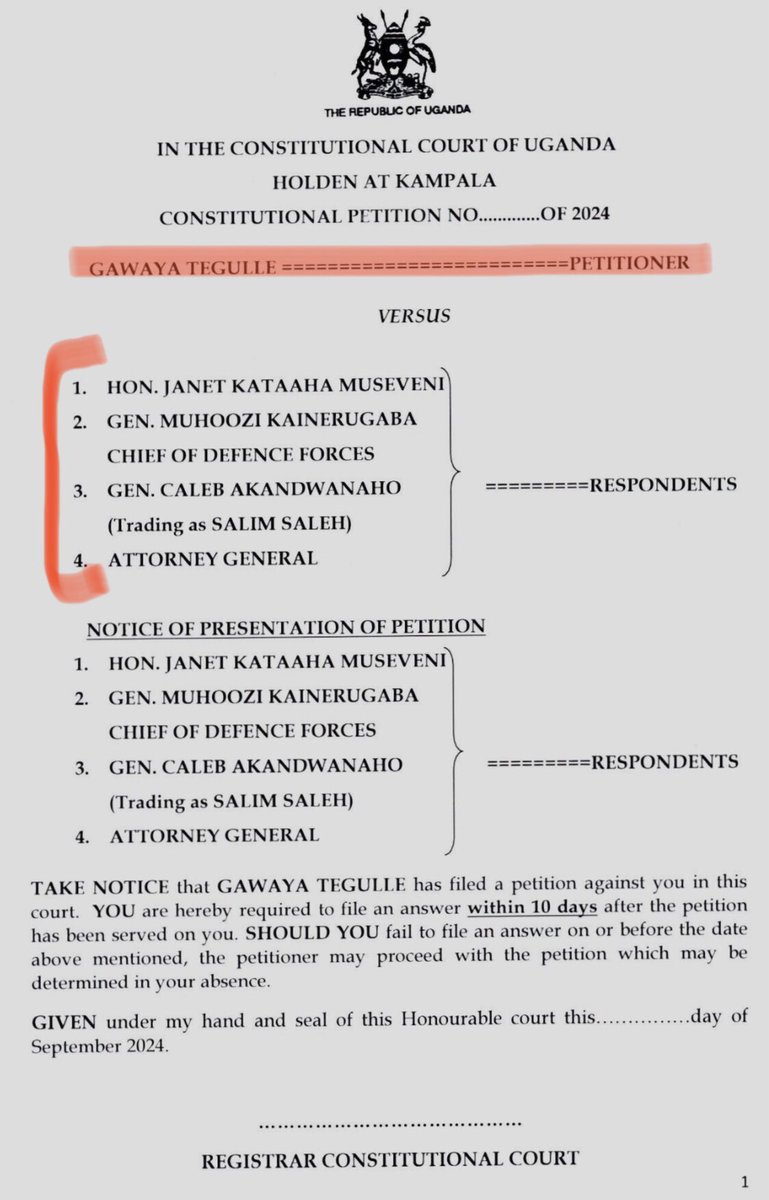 kizzabesigye1's tweet photo. Cnsl GAWAYA TEGULE makes a historic legal statement!
The list of respondents should be expanded to include the daughters and in-laws that are employed as Senior Presidential Advisors; close relatives as ministers etc.
Include management of scholarships and huge slash funds by the family etc.
Ps. Tegule was sacked as a UBC journalist for hosting me. An order had come from State House to switch off the TV program..
I am glad TEGULE was fired, went to law school and brought his journalist courage to the bar!