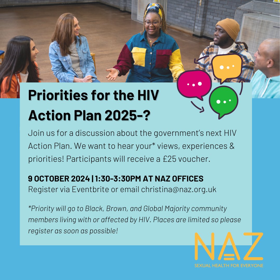 We want to hear from you! Join Naz for a discussion centring our Black, Brown and Global Majority communities’ priorities for the government's next #HIV Action Plan for #England. 

Participants will receive a £25 voucher for their time. Register here: bit.ly/3Y58FFT