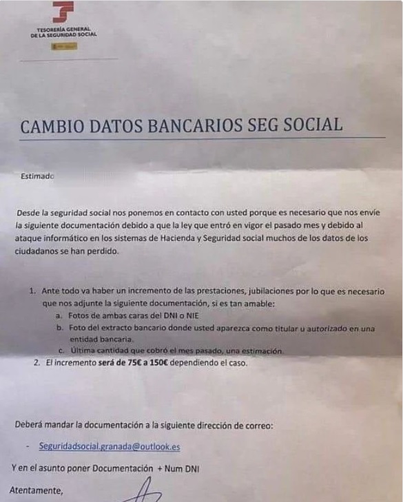⚠️#AVISO‼️ Detectado campaña suplantando a 
#TesoreriaSeguridadSocial, enviando cartas a los #pensionistas. 
‼️ Ni caso  📌SE TRATA DE UN TIMO. 
Nunca envíen sus datos a desconocidos, ya que los organismos públicos nunca nos solicitan nuestros datos por ☎️ 📄 o @
 #NoPiques