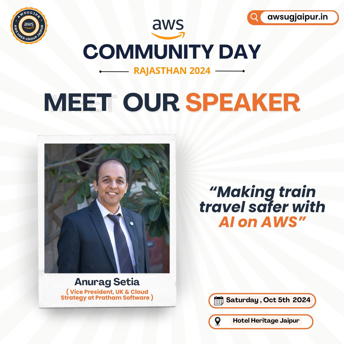 awsugjaipur's tweet photo. 🎙️ Speaker Announcement: Anurag Setia 🎙️
Excited to have Anurag Setia at AWS Community Day Rajasthan 2024! He’ll speak on:
"Making Train Travel Safer with AI on AWS" 🚆
📅 Oct 5th | Register now: https://t.co/UqIkxEhYgF#AWSCommunityDay #acdr24 #AI #awsugjaipur #CloudComputing https://t.co/Poz8Pz2BHU