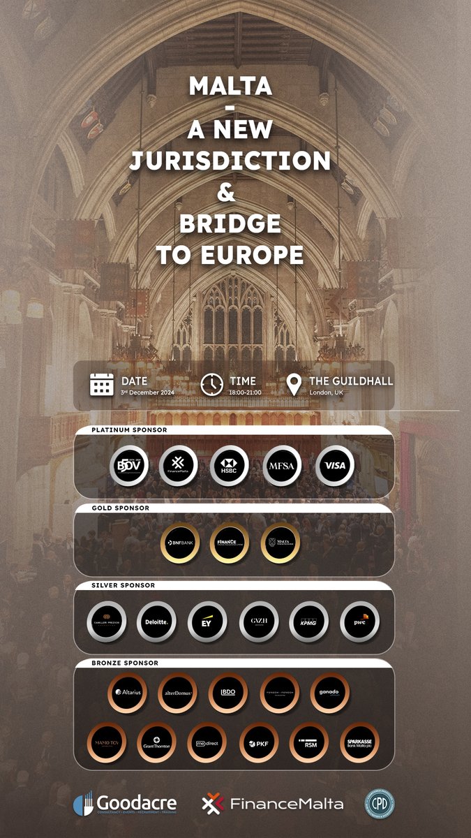 Join us for Malta: A Renewed Jurisdiction and Bridge to Europe. 3rd Dec 2024, 18:00-21:00 at The Guildhall. Discover Malta’s potential as a financial hub &amp; gateway to Europe! Network with leaders &amp; enjoy complimentary drinks. Register now with Code M75: lnkd.in/ezK8M5Sg