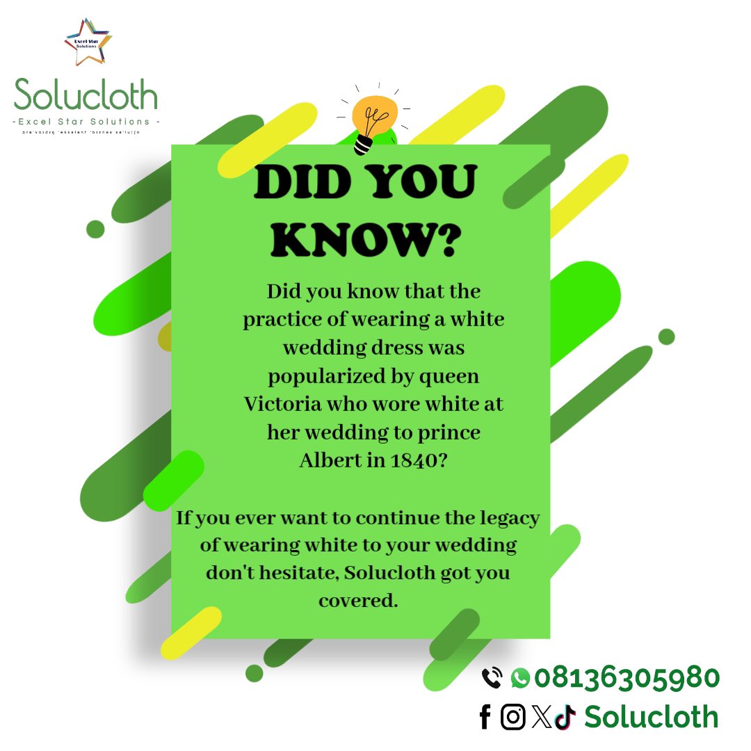 Solucloth's tweet photo. Did you know?
Did you know that the practice of wearing a white wedding dress was popularized by queen Victoria who wore white at her wedding to prince Albert in 1840.
Solucloth is the one-stop place for all your clothing needs.
#didyouknow
#solucloth
#excelstarsolutions https://t.co/oSCkgVh8Mz