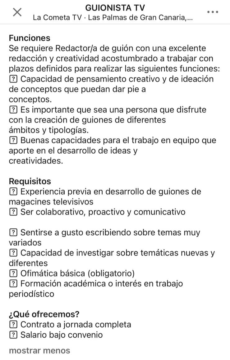 La categoría de "Redactor/a de guión" no existe. Las funciones del puesto ofertado son funciones de GUIONISTA. Utilizar para un trabajo una categoría con remuneraciones más bajas para pagar menos es ilegal.