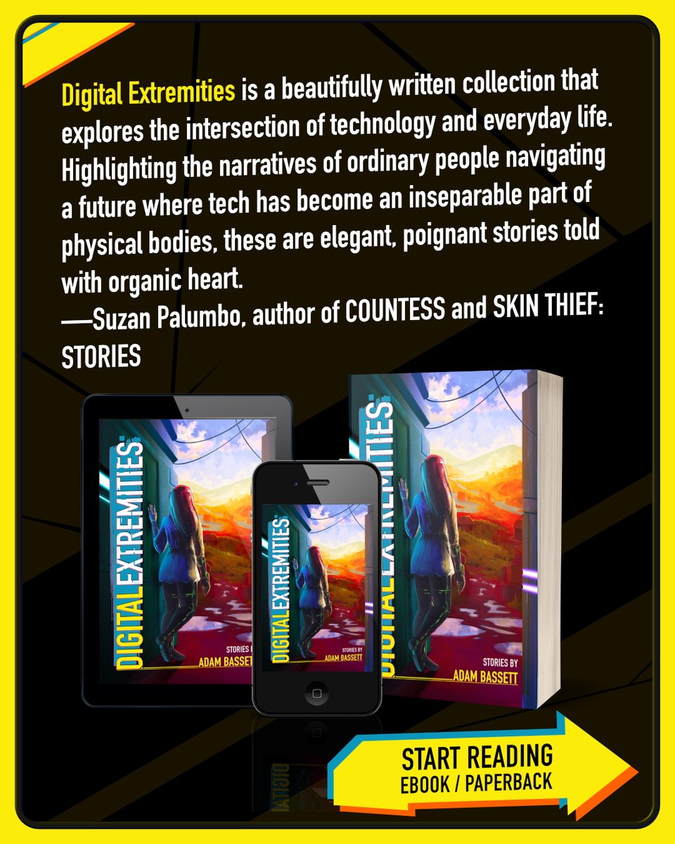 My sci-fi / slice-of-life short story collection Digital Extremities is now available in eBook and paperback formats!

Thank you to everyone who helped me get to this point, including @sillysyntax who called the stories "beautifully written" and "poignant."