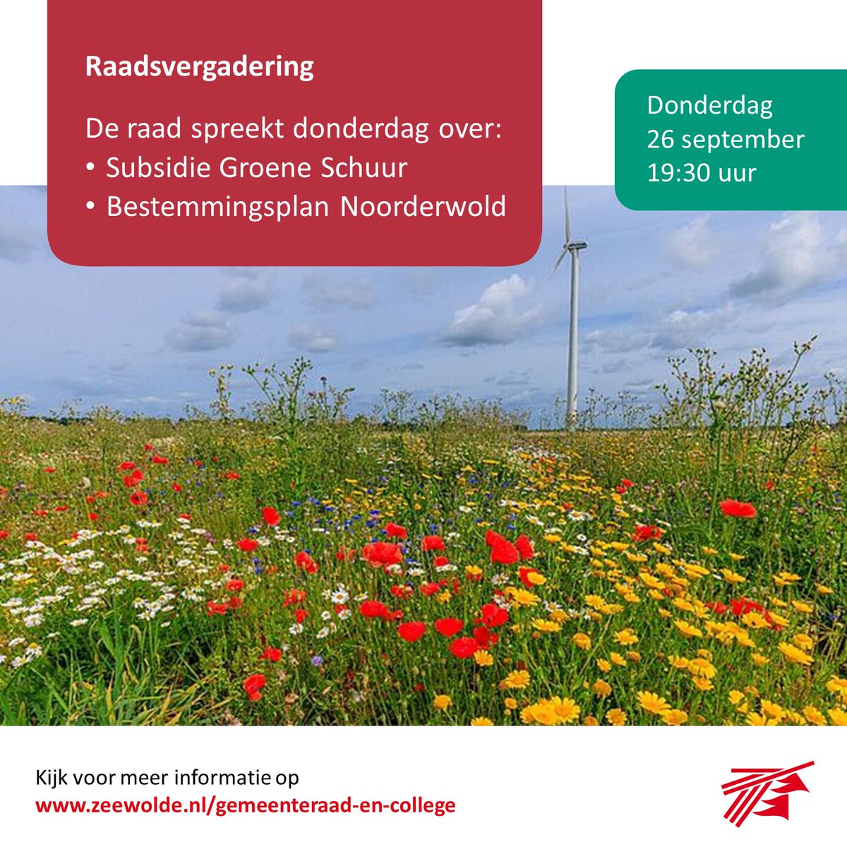 Donderdag 26 september vindt de raadsvergadering plaats in het gemeentehuis. Je vindt de hele agenda van de vergadering via bit.ly/raadsvergaderi…. Kom langs in het gemeentehuis of kijk mee via bit.ly/kijkmeemetdera….

#gemeenteraadzeewolde #zeewolde