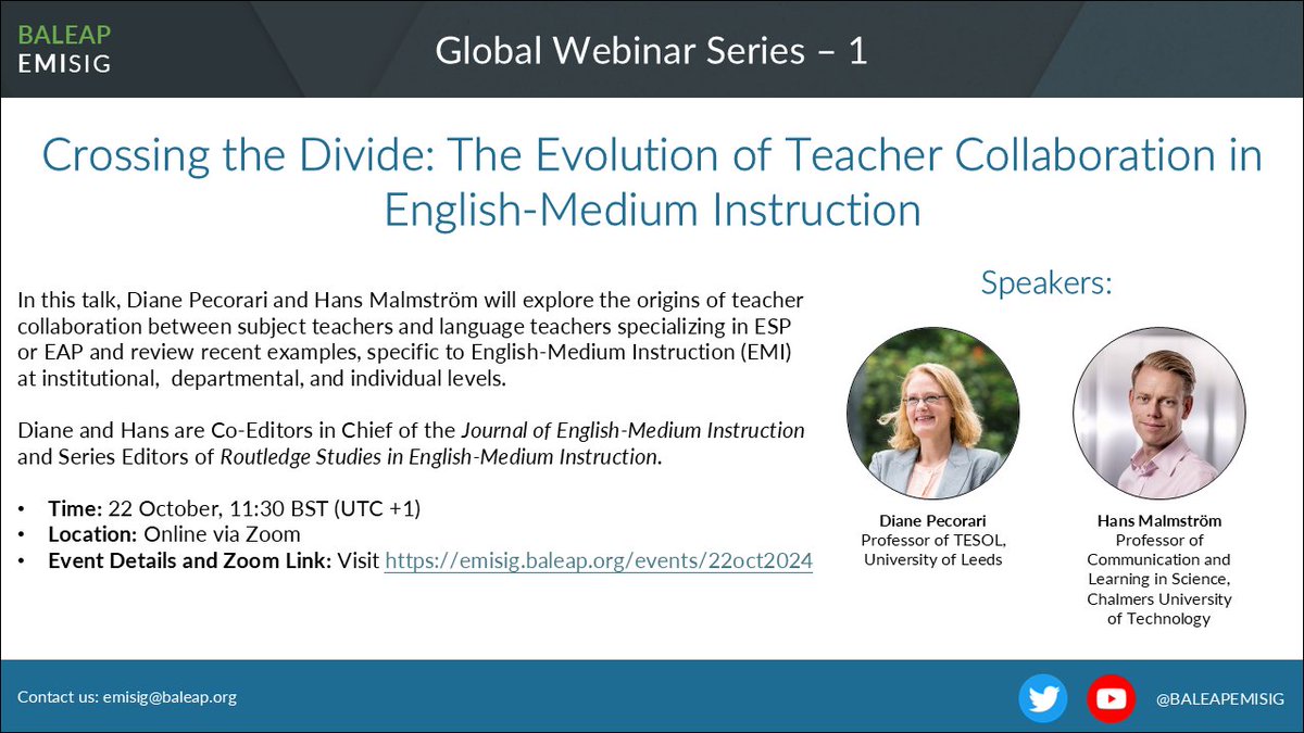 Our inaugural event is here!  Come join us as we welcome Diane Pecorari and Hans Malmström present on instructor #collaboration in #EMI. emisig.baleap.org/events/22oct20…