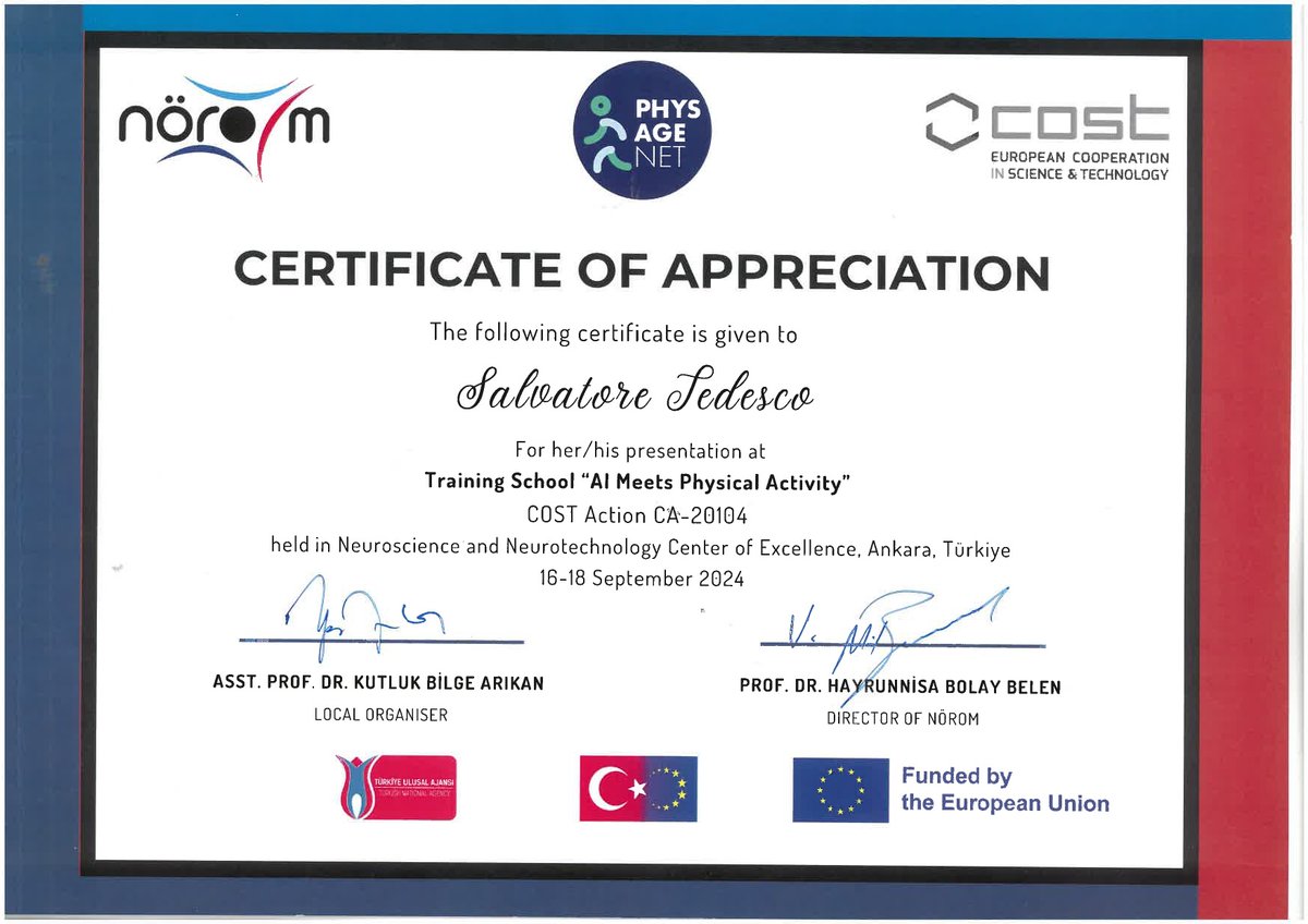 Salvatore Tedesco (@tedescosalvo) on Twitter photo Excited and grateful to have been invited as a speaker at the "AI meets Physical Activity" training school in Ankara, organized by <a href="/noromofficial/">NÖROM</a> and COST Action <a href="/physagenet/">EU COST Action PhysAgeNet</a> ! Shared great insights with this incredible community <a href="/TyndallInstitut/">Tyndall Institute</a> #aiinhealthcare #PhysicalActivity Excited and grateful to have been invited as a speaker at the "AI meets Physical Activity" training school in Ankara, organized by <a href="/noromofficial/">NÖROM</a> and COST Action <a href="/physagenet/">EU COST Action PhysAgeNet</a> ! Shared great insights with this incredible community <a href="/TyndallInstitut/">Tyndall Institute</a> #aiinhealthcare #PhysicalActivity