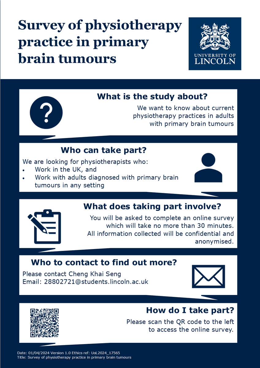 KhaiSengCheng's tweet image. Recruiting practitioners working with patients with primary brain tumours for a study on current rehabilitation practices. See image for details. UoL Ethics Ref: UoL2024_17565
Link to survey: app.onlinesurveys.jisc.ac.uk/s/lincoln/surv…