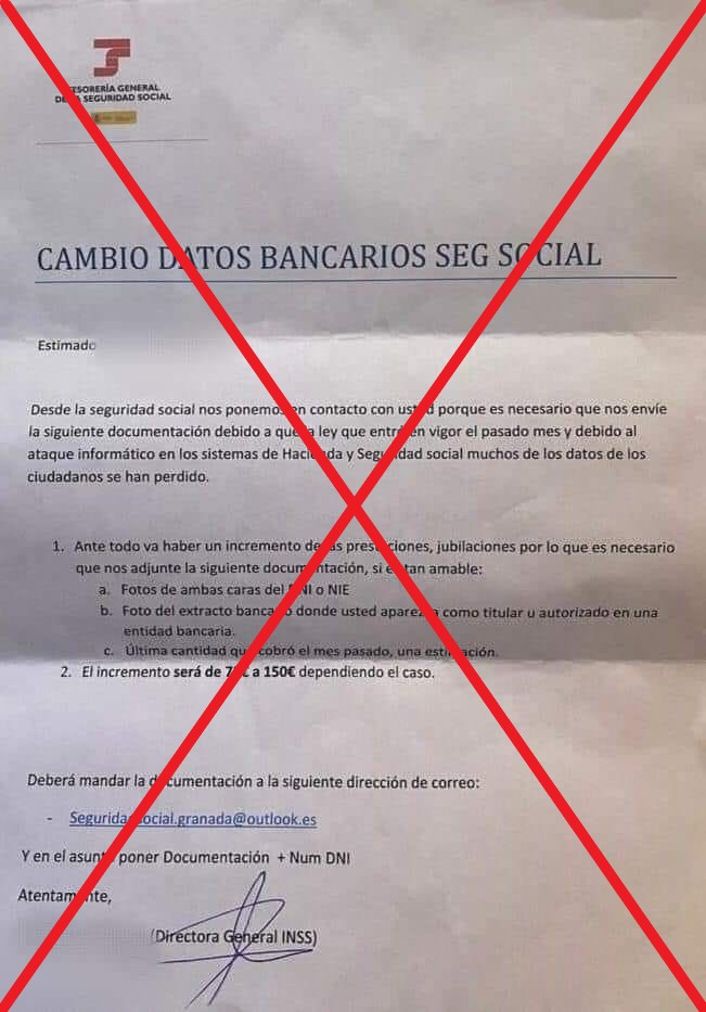 EFEVerifica's tweet photo. ⚠️ ¡Cuidado! Esta carta en la que supuestamente la Seguridad Social pide datos a jubilados es un fraude.

➡️ La entidad ha explicado que no ha enviado esta misiva y que nunca solicitaría datos sensibles de esta manera. 

https://t.co/TXdyYa95q0 https://t.co/Jfkt6eeCZD