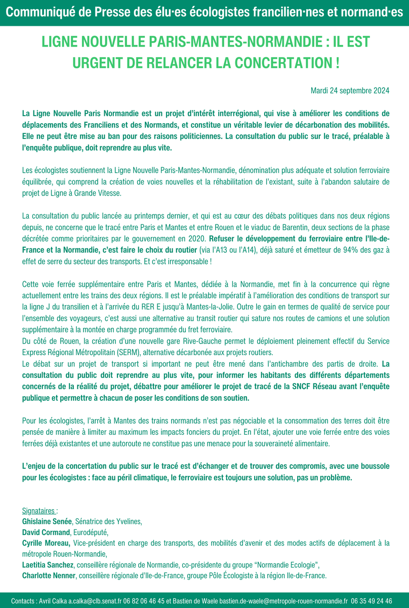 GhislaineSenee's tweet photo. Notre Communiqué de Presse commun avec les élu·es écologistes francilien·nes et normand·es ➡️ Ligne Nouvelle Paris-Mantes-Normandie : il est urgent de relancer la concertation ! https://t.co/SMobL18JxD