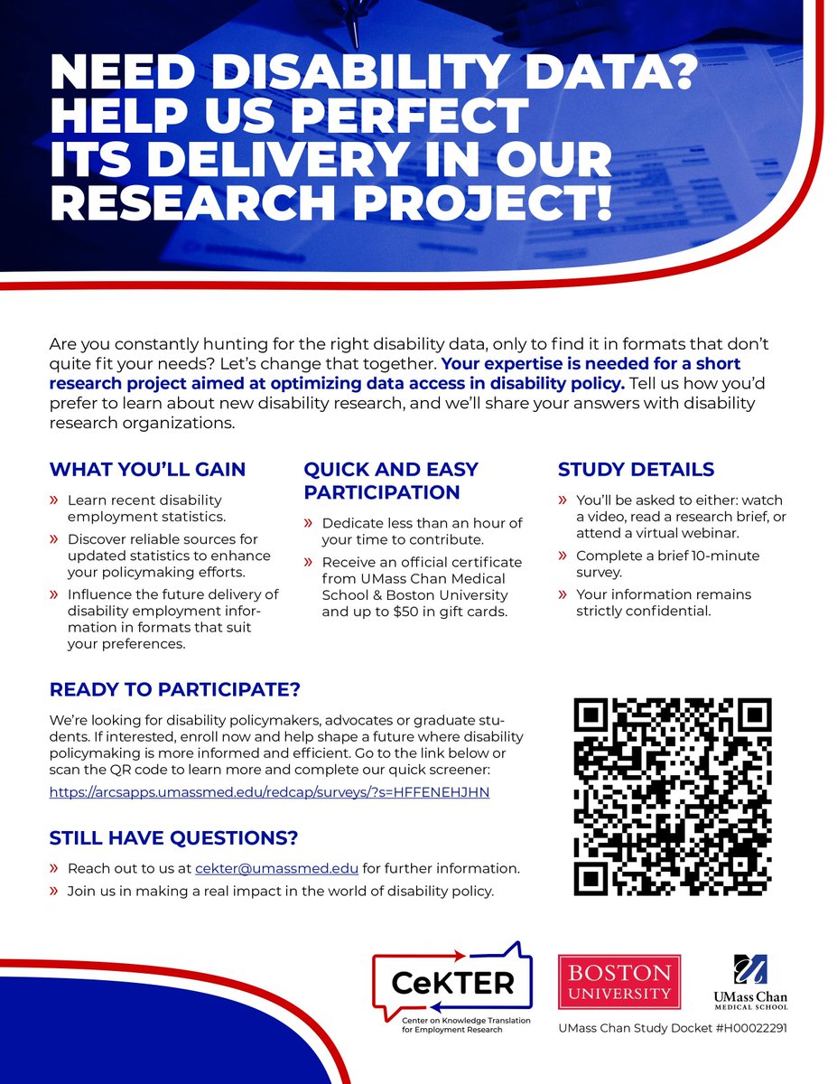 We're recruiting for a study on the best way to share disability research! Help us learn how to communicate findings that drive positive change. Make #DisabilityResearch count!  buff.ly/3XQEzWv 
<a href="/UMassChan/">UMass Chan Medical School</a> <a href="/UMass_SPARC/">UMass Chan iSPARC</a> <a href="/TransitionsACR/">TransitionsACR at UMass Chan Medical School</a> <a href="/NARICInfo/">National Rehabilitation Information Center NARIC</a> #PWD #DisabilityEmployment