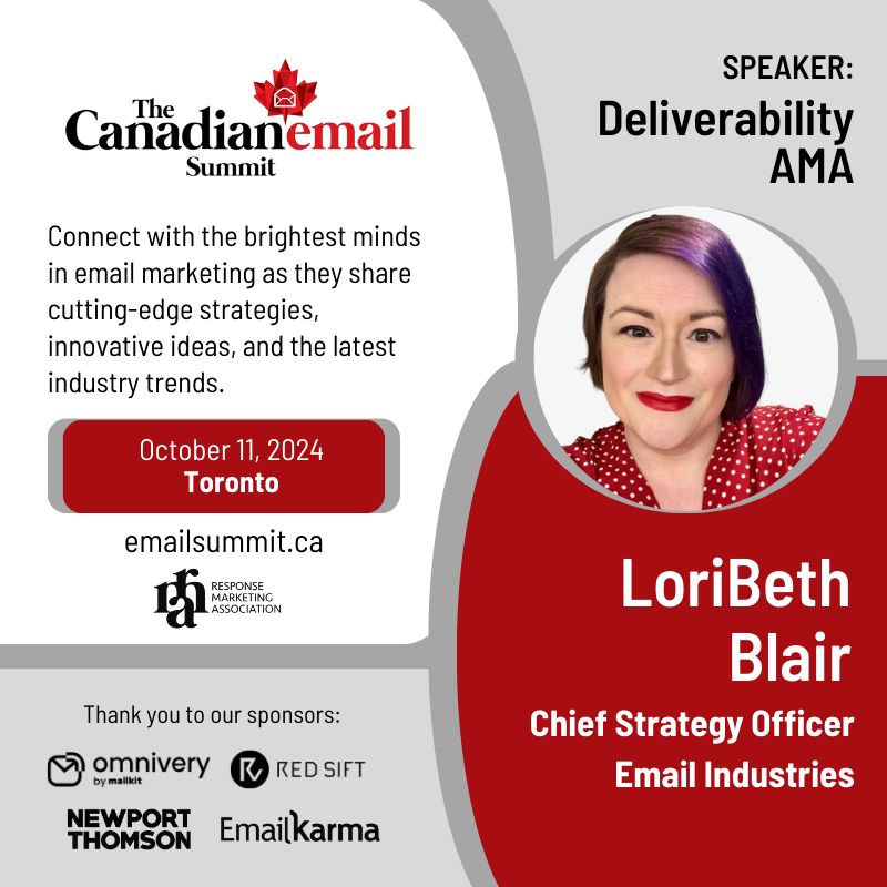 Our Chief Strategy Officer, LoriBeth Blair, goes on tour! 🇨🇦

Join LB in Toronto at @EmailSummit_CA on October 11, 2024. 

She'll be answering all your most burning email deliverability questions during the Deliverability AMA. Perfect to make some last minute adjustments to your