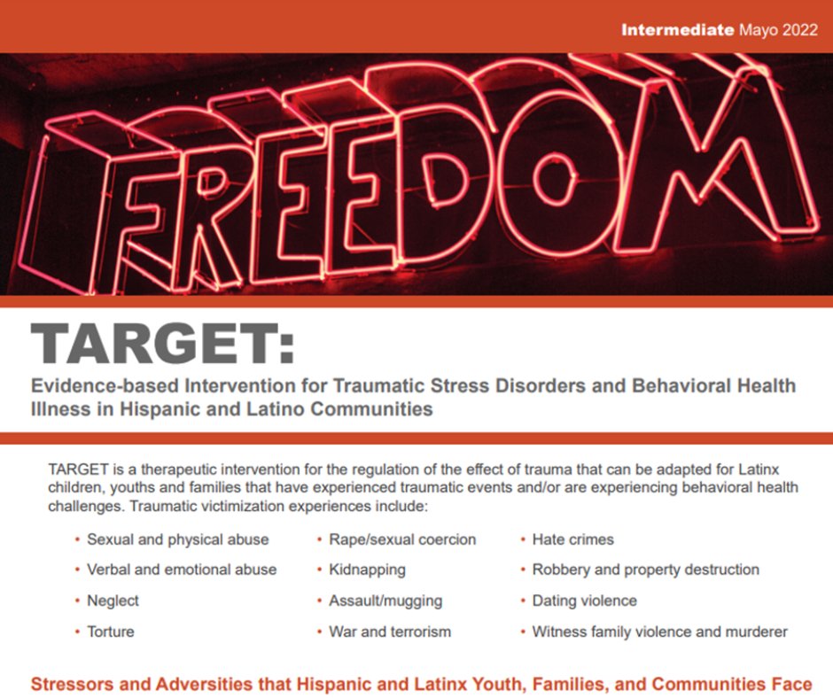 MPMHTTC's tweet image. For #NHHM we want to highlight this factsheet describing TARGET, a therapeutic intervention for regulating the effect of trauma that can be adapted for Latinx children, youths, and families. To view this resource, visit ow.ly/kHNw50Tocse