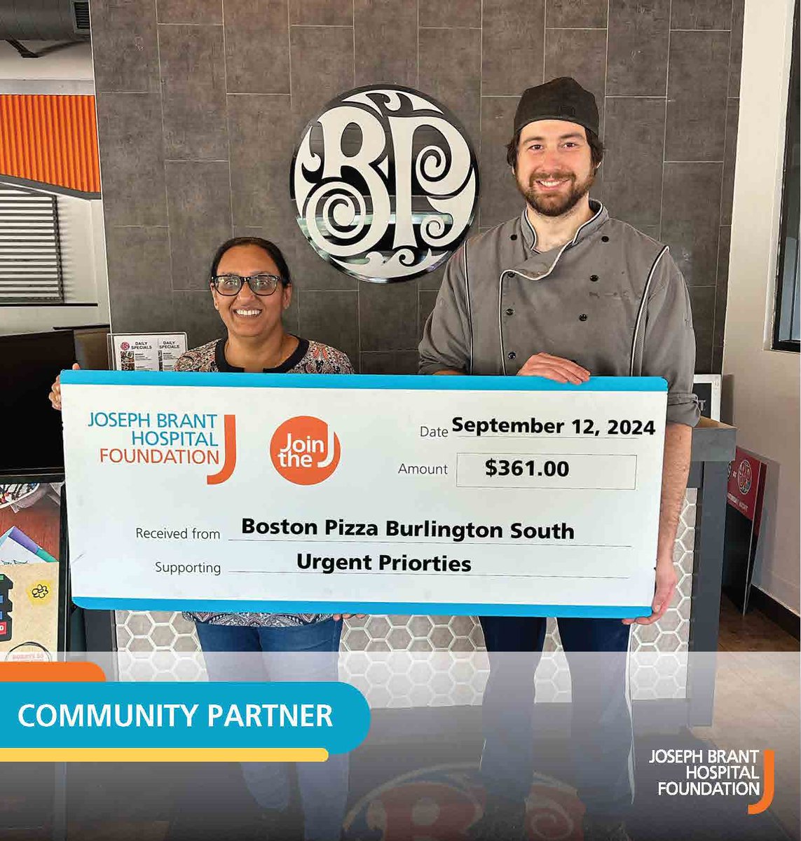 That's a lot of dough🍕😋 Thank you to Rohini and her team at Boston Pizza Burlington South for another successful fundraiser and for joining our More Than Just A Business campaign. Proceeds collected will support the urgent priorities at Joseph Brant Hospital. #CommunitySupport