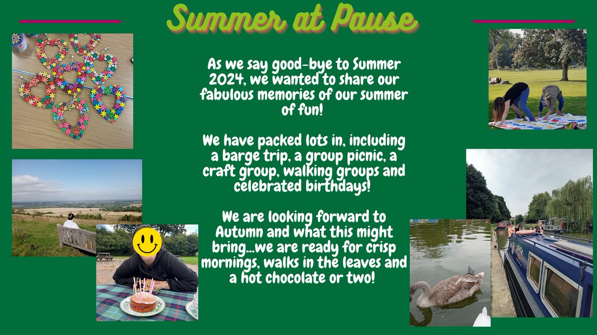 It has been a fun packed Summer here at Pause Wiltshire! We have enjoyed sunny walks, a fantastic barge trip and a picnic- with games of giant Twister and rounders! We are now ready to welcome crisp autumn days, wrapping up warm and sharing hot chocolates! @wearewilts