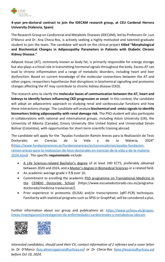Dr. LUIS D'MARCO (@luisgerardodg) on Twitter photo #OpenCall 4-year pre-doctoral contract to join the IDECAM research group, at CEU Cardenal Herrera University (Valencia, Spain), led by Professors Dr. Luis D’Marco and Dr. Ana Checa-Ros <a href="/SLANH_/">SLANH</a> <a href="/ISNkidneycare/">Int Society of Nephrology</a> <a href="/ERAkidney/">ERA - European Renal Association</a> <a href="/SENefrologia/">S.E.N. Nefrología</a> <a href="/PepaSolerR/">Maria Jose Soler</a> <a href="/kidney_doctor/">Ernesto LopezAlmaraz</a> <a href="/SVNefrologia/">SVNefrología</a> #OpenCall 4-year pre-doctoral contract to join the IDECAM research group, at CEU Cardenal Herrera University (Valencia, Spain), led by Professors Dr. Luis D’Marco and Dr. Ana Checa-Ros <a href="/SLANH_/">SLANH</a> <a href="/ISNkidneycare/">Int Society of Nephrology</a> <a href="/ERAkidney/">ERA - European Renal Association</a> <a href="/SENefrologia/">S.E.N. Nefrología</a> <a href="/PepaSolerR/">Maria Jose Soler</a> <a href="/kidney_doctor/">Ernesto LopezAlmaraz</a> <a href="/SVNefrologia/">SVNefrología</a>
