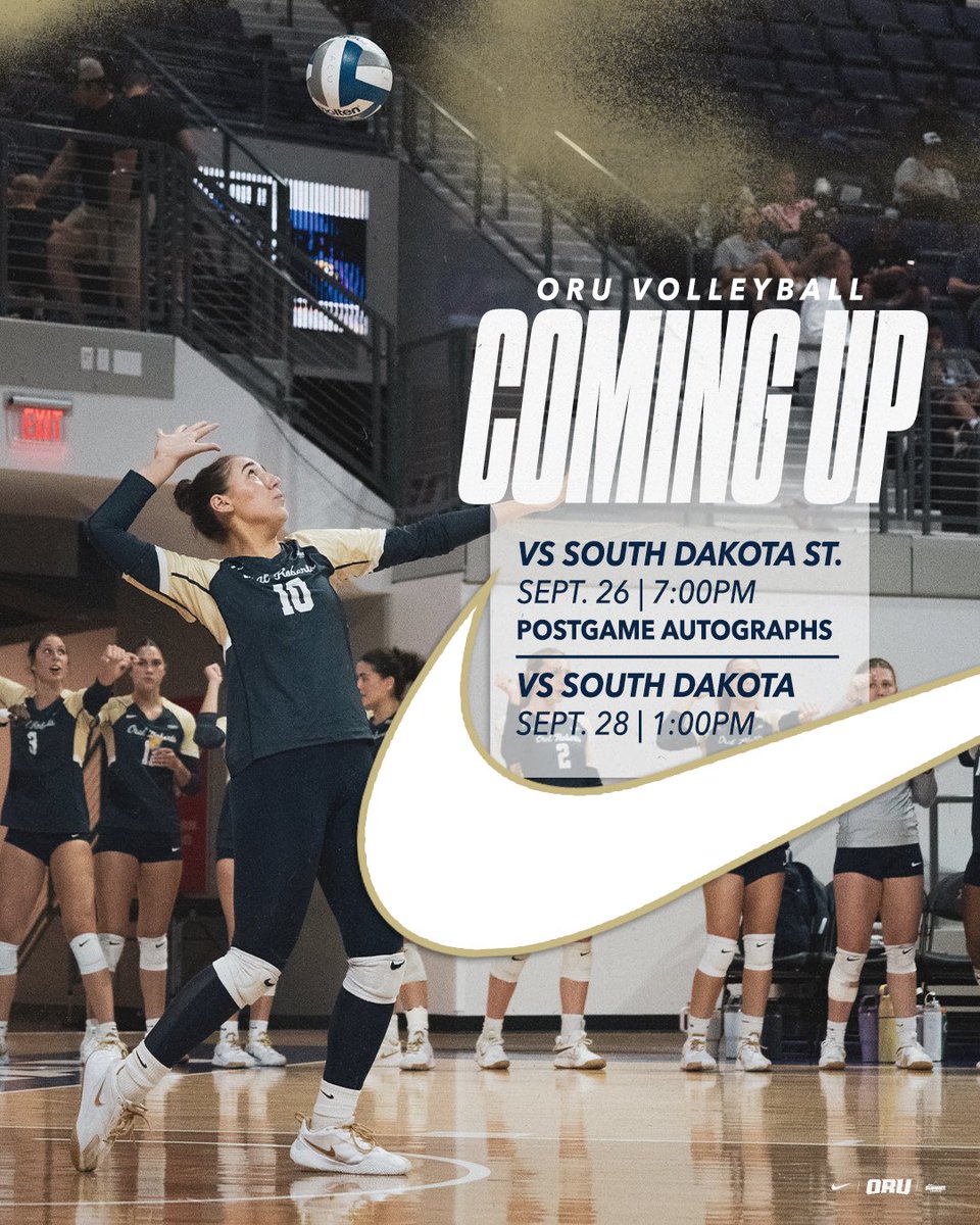 ORUVolleyball's tweet photo. 𝗗𝗲𝗳𝗲𝗻𝗱 𝘁𝗵𝗲 𝗠𝗮𝗯𝗲𝗲!! 💪

The Golden Eagles kick off League play at the Mabee this week! Don’t forget to stay after our game against South Dakota State to receive autographs from your favorite volleyball players!

#ORUVB | #GoldenStandard https://t.co/4d3IGOpyP8