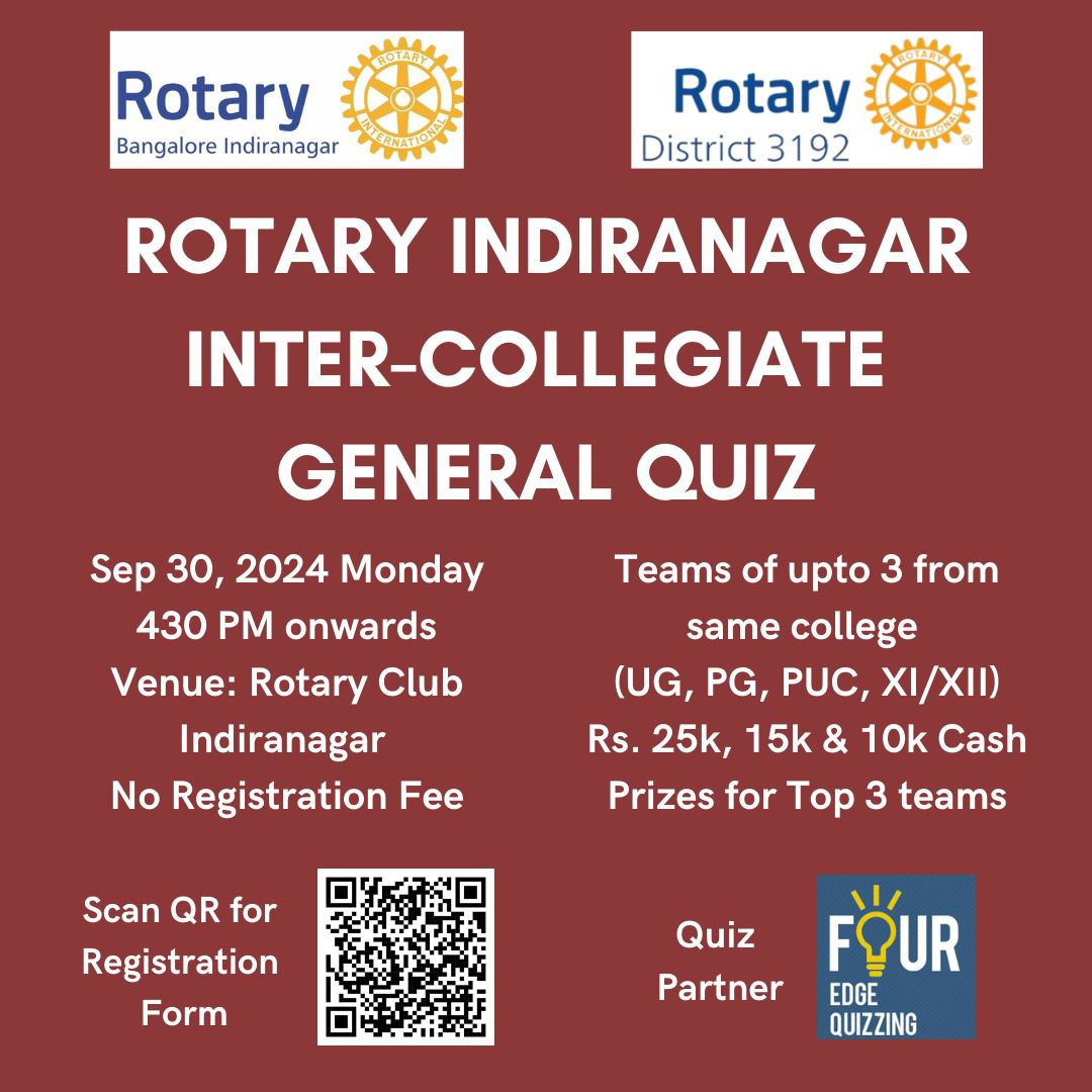 4EdgeQuizzing's tweet photo. An Inter-College Quiz in Bangalore with great cash prizes on offer!
25k, 15k &amp; 10k 🏆
Come for a quiz with interesting &amp; figure-outable fundas!  We are conducting this in partnership with Rotary Club Indiranagar. 

Please register here https://t.co/4rTdels3Ke https://t.co/BWLWDiRD5D