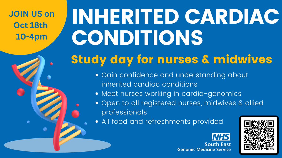 NHS South East Genomic Medicine Service (@segenomics) on Twitter photo Are you interested in inherited cardiac conditions?
Join our London Study Day 18th October, 10- 4pm with <a href="/elliemquinn/">Ellie Quinn</a> & <a href="/GSTTnhs/">Guy's and St Thomas'</a>
Gain knowledge & confidence about genomics. Hear how genomic medicine can benefit your cardiac patients.
Register here bit.ly/3ZyB1cv Are you interested in inherited cardiac conditions?
Join our London Study Day 18th October, 10- 4pm with <a href="/elliemquinn/">Ellie Quinn</a> & <a href="/GSTTnhs/">Guy's and St Thomas'</a>
Gain knowledge & confidence about genomics. Hear how genomic medicine can benefit your cardiac patients.
Register here bit.ly/3ZyB1cv