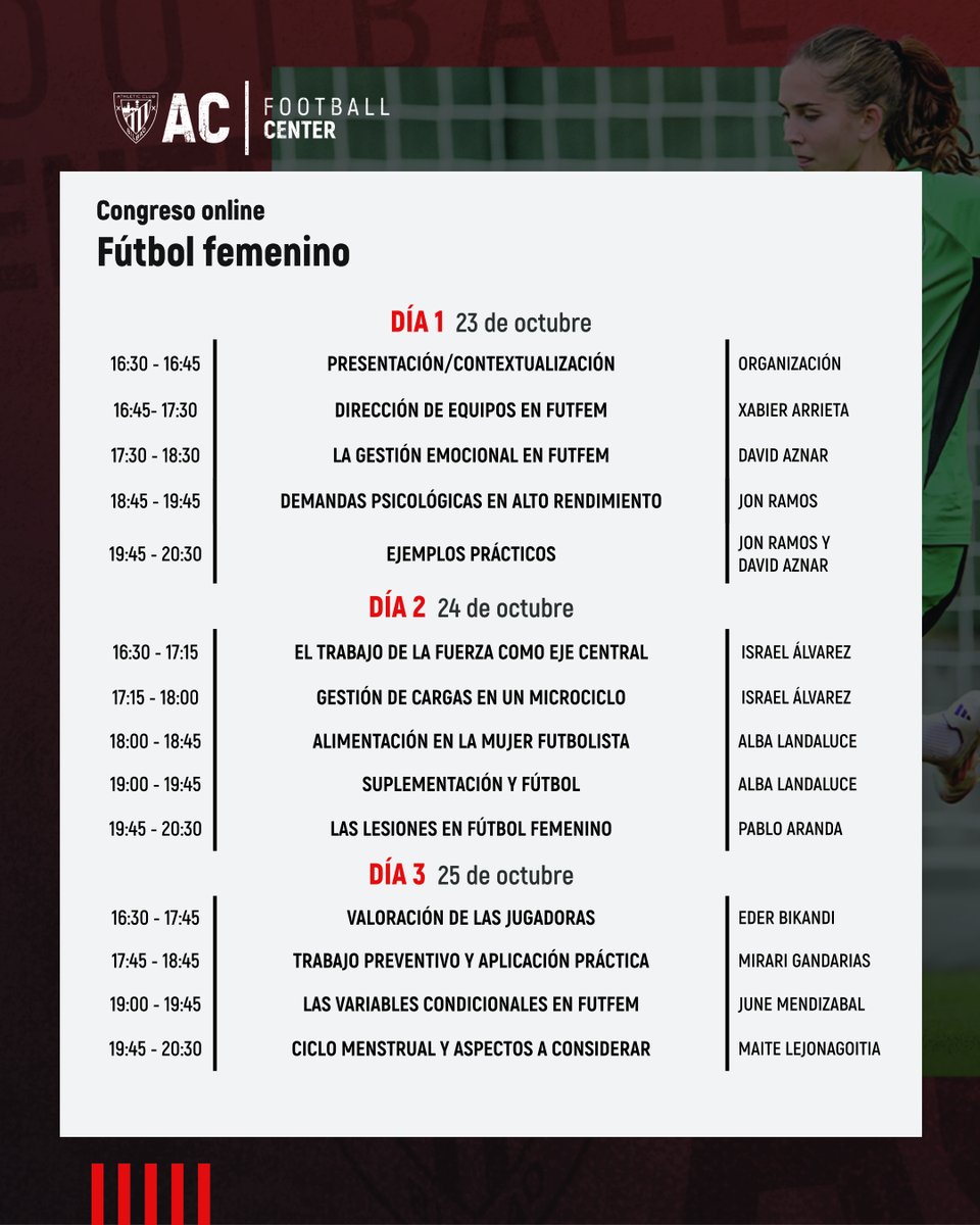 AC|FC - Athletic Club Football Center (@ac_fcenter) on Twitter photo Conoce el programa de contenidos
🗂️ CONGRESO FutFEM
✅ Gestión emocional
✅ Entrenamiento
✅ Dirección de equipos
✅ Nutrición
✅ Aspectos condicionales
✅ Lesiones
Oferta lanzamiento hasta el 30/9
Más Info 👉 acfootballcenter.eus/congreso-onlin… Conoce el programa de contenidos
🗂️ CONGRESO FutFEM
✅ Gestión emocional
✅ Entrenamiento
✅ Dirección de equipos
✅ Nutrición
✅ Aspectos condicionales
✅ Lesiones
Oferta lanzamiento hasta el 30/9
Más Info 👉 acfootballcenter.eus/congreso-onlin…