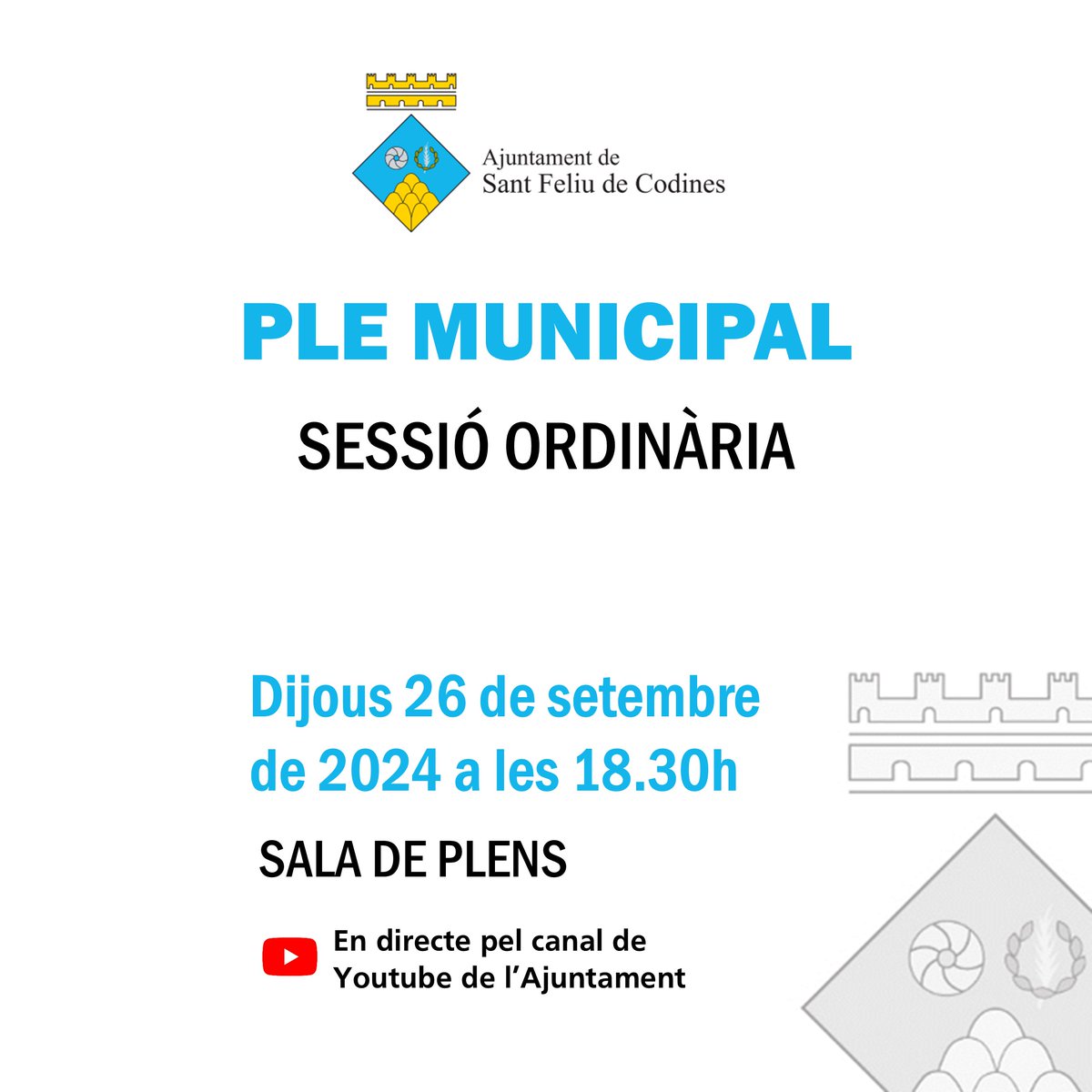 AjSFCodines's tweet photo. 🏛️ #PleSantFeliudeCodines | Ple municipal - Sessió ordinària

📅 Dijous 26 de setembre
🕧 A les 18.30h
📍 Sala de Plens de l'Ajuntament

📲 Es podrà seguir en directe al Canal de Youtube #canalcodinenc a https://t.co/omyHRXB9yx

Ordre el dia 👇

#SantFeliudeCodines #sfc182 https://t.co/fUgJd3IaPA