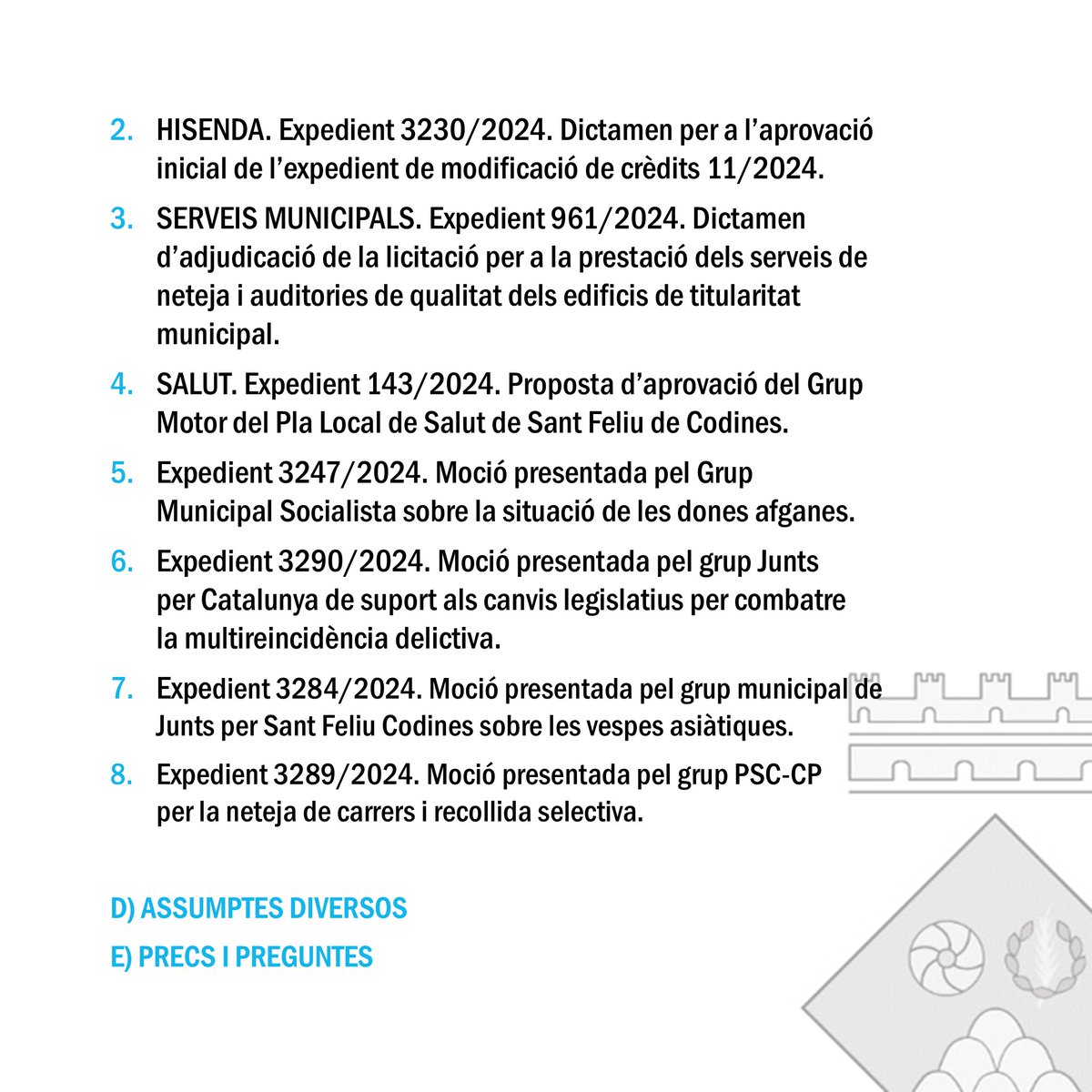 🏛️ #PleSantFeliudeCodines | Ple municipal - Sessió ordinària

📅 Dijous 26 de setembre
🕧 A les 18.30h
📍 Sala de Plens de l'Ajuntament

📲 Es podrà seguir en directe al Canal de Youtube #canalcodinenc a youtube.com/@CanalCodinenc

Ordre el dia 👇

#SantFeliudeCodines #sfc182