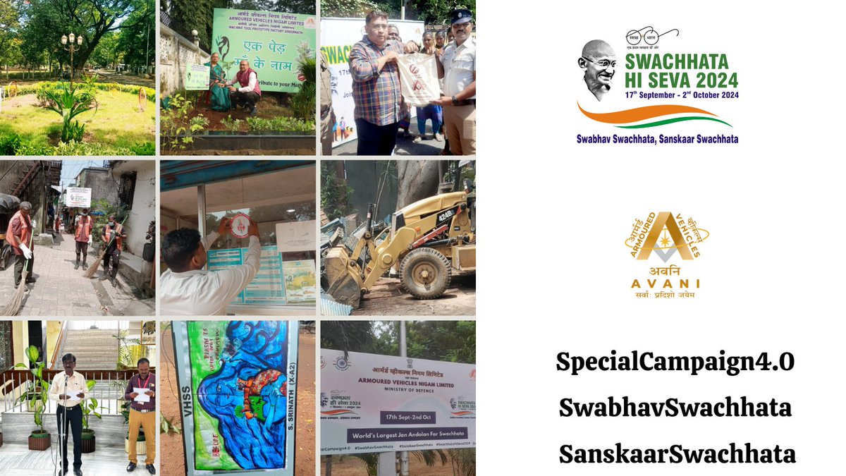 AVANI_PR's tweet photo. AVNL is fully embracing the Swachhata Hi Seva Special Campaign 4.0, diving in with enthusiasm! As we reach the midpoint of this inspiring journey, here’s a glimpse of our impactful initiatives:

- Safai Mitra Suraksha Shivirs: Supporting our cleanliness heroes.
- Door-to-Door Awareness: Spreading the message right to people’s homes.
- CTU Identification: Recognizing key cleanliness units.
- Ek Ped Maa Ke Naam: Planting trees in honor of Mother Earth.
- Swachhata Pledges: Committing to a cleaner future.
- Mass Cleanliness Drives: Rallying together for community clean-ups.
- Public Workshops: Educating and engaging the community.

Together, we’re making a difference!
@SwachhBharatGov
@SwachhBharat
@MoHUA_India
@MoJSDDWS
@PMOIndia
@DefenceMinIndia
@SethSanjayMP
@DefProdnIndia
@SpokespersonMoD
#SHS2024
#SwabhavSwachhata
#SanskaarSwachhata
#SwachhataHiSeva2024
#SpecialCampaign4.0