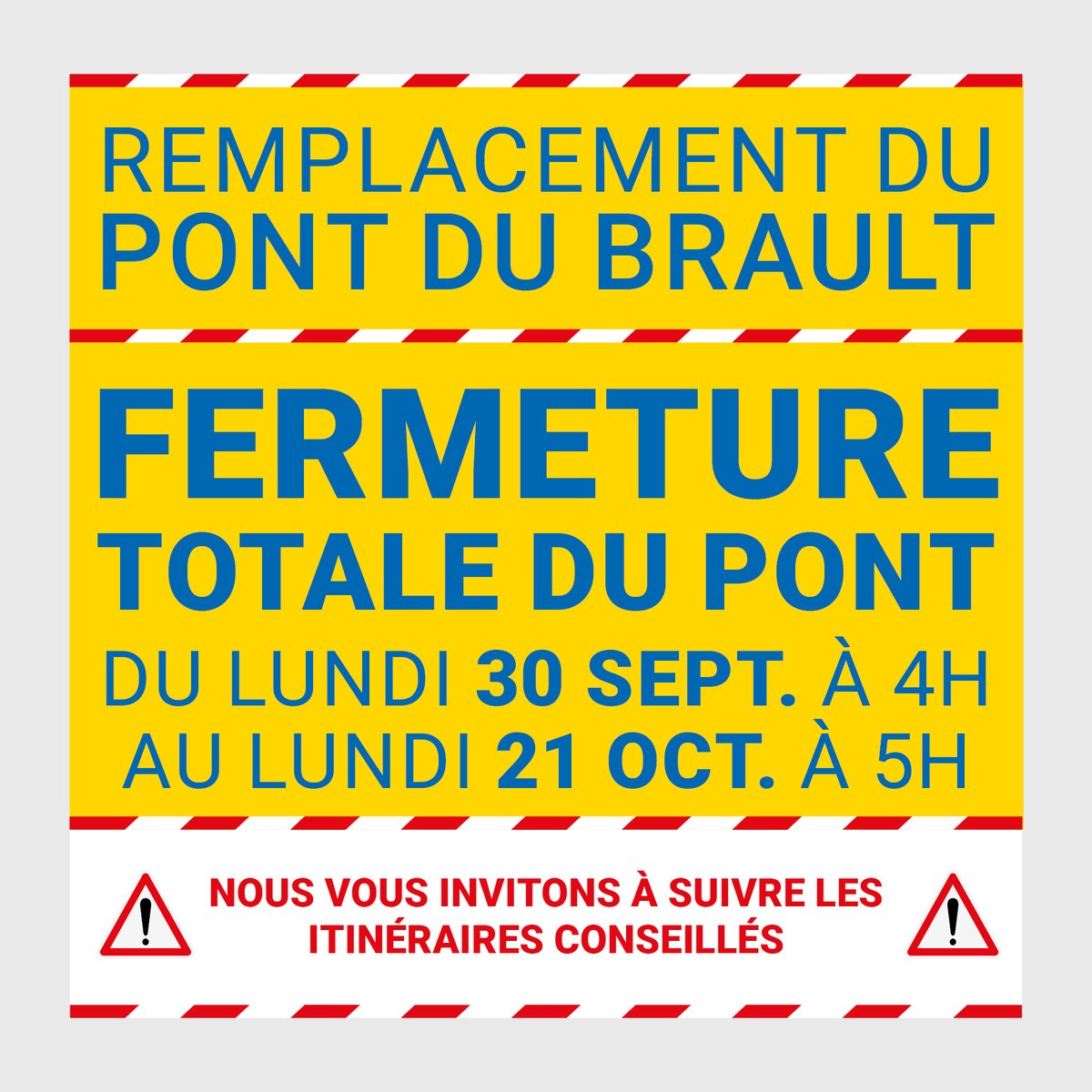 🚧⚠️PONT DU BRAULT / TRAVAUX🚧⚠️
❌⛔️𝗗𝘂 𝗹𝘂𝗻𝗱𝗶 𝟯𝟬 𝘀𝗲𝗽𝘁𝗲𝗺𝗯𝗿𝗲 𝟰𝗵 𝗮𝘂 𝗹𝘂𝗻𝗱𝗶 𝟮𝟭 𝗼𝗰𝘁𝗼𝗯𝗿𝗲 𝟱𝗵 : 𝗳𝗲𝗿𝗺𝗲𝘁𝘂𝗿𝗲 𝗰𝗼𝗺𝗽𝗹è𝘁𝗲 𝗱𝘂 𝗽𝗼𝗻𝘁 
Voir les déviations👉 la.charente-maritime.fr/actualites/rem…

<a href="/DepVendee/">Département Vendée</a> 
<a href="/WazeChteMaritim/">WazeCharenteMaritime</a> 
<a href="/infotrafic17/">Info Trafic 17</a>