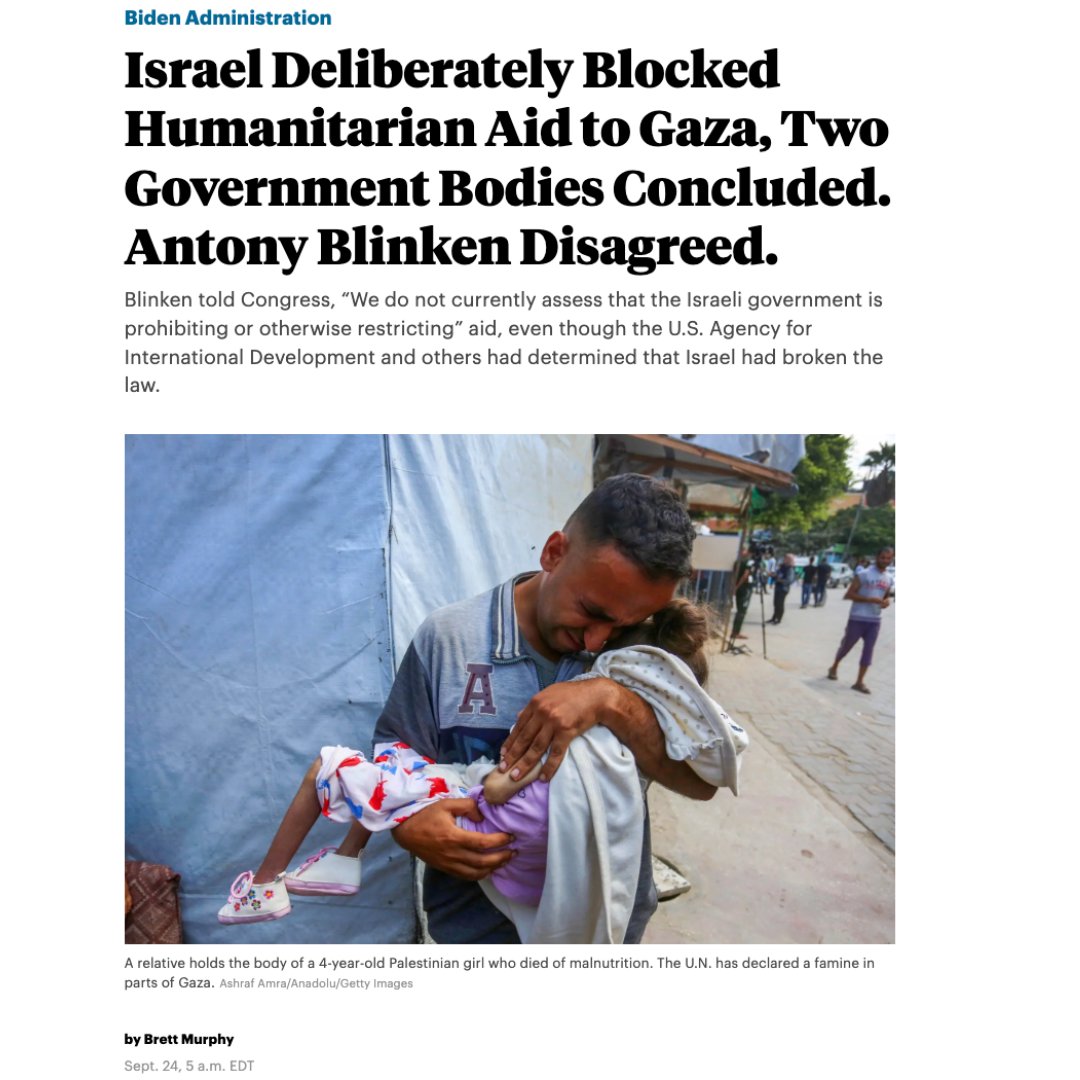 "USAID had sent Blinken a detailed 17-page memo on Israel’s conduct...including killing aid workers, razing agricultural structures, bombing ambulances and hospitals, sitting on supply depots and routinely turning away trucks full of food and medicine." 🧵propublica.org/article/gaza-p…