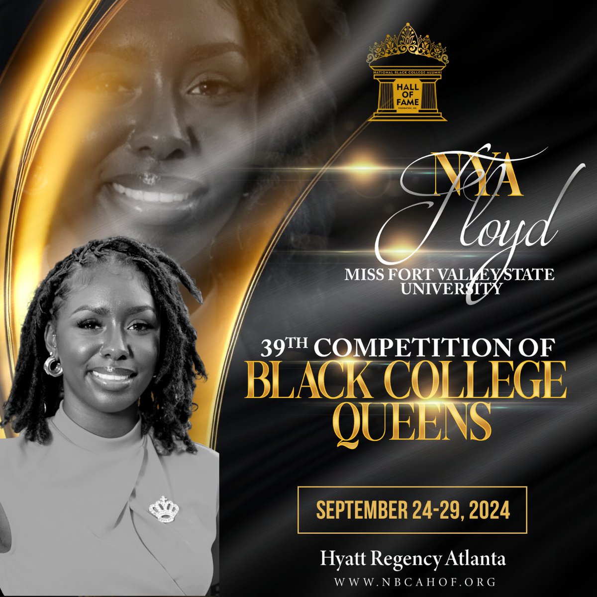 ✨ Meet Nya Floyd, the reigning Miss Fort Valley State University! 🌟 She’s bringing her fierce determination and passion to the 39th Competition of Black College Queens. 💙🐾  Drop a 💙 in the comments to cheer her on! 
⁠
🌟 #HBCUQueens #NBCAHOF #MissFortValleyState