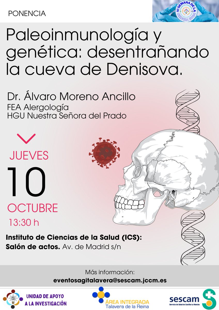 Recuerda...Paleoinmunología y genética el Jueves 10 de Octubre en el ICS (Salón de Actos) a las 13:30 horas. El Dr. Álvaro Moreno Ancillo nos deleitará con esta historia del paleolítico.