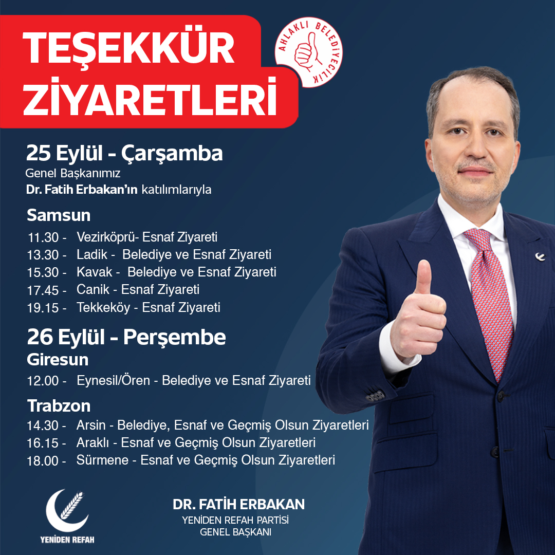 rprefahpartisi's tweet photo. Genel Başkanımız Dr. Fatih Erbakan, ‘Teşekkür Ziyaretleri’ kapsamında Samsun, Giresun ve Trabzon illerini ziyaret edecek. https://t.co/HvCA3OPnnM