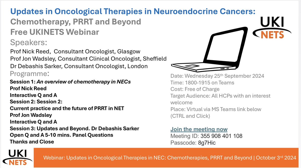 Don’t forget to join our fantastic FREE webinar tomorrow 25th Sep at 6pm - Updates in Oncological Therapies in #neuroendocrine cancers ukinets.org/uki-webinars/u…
