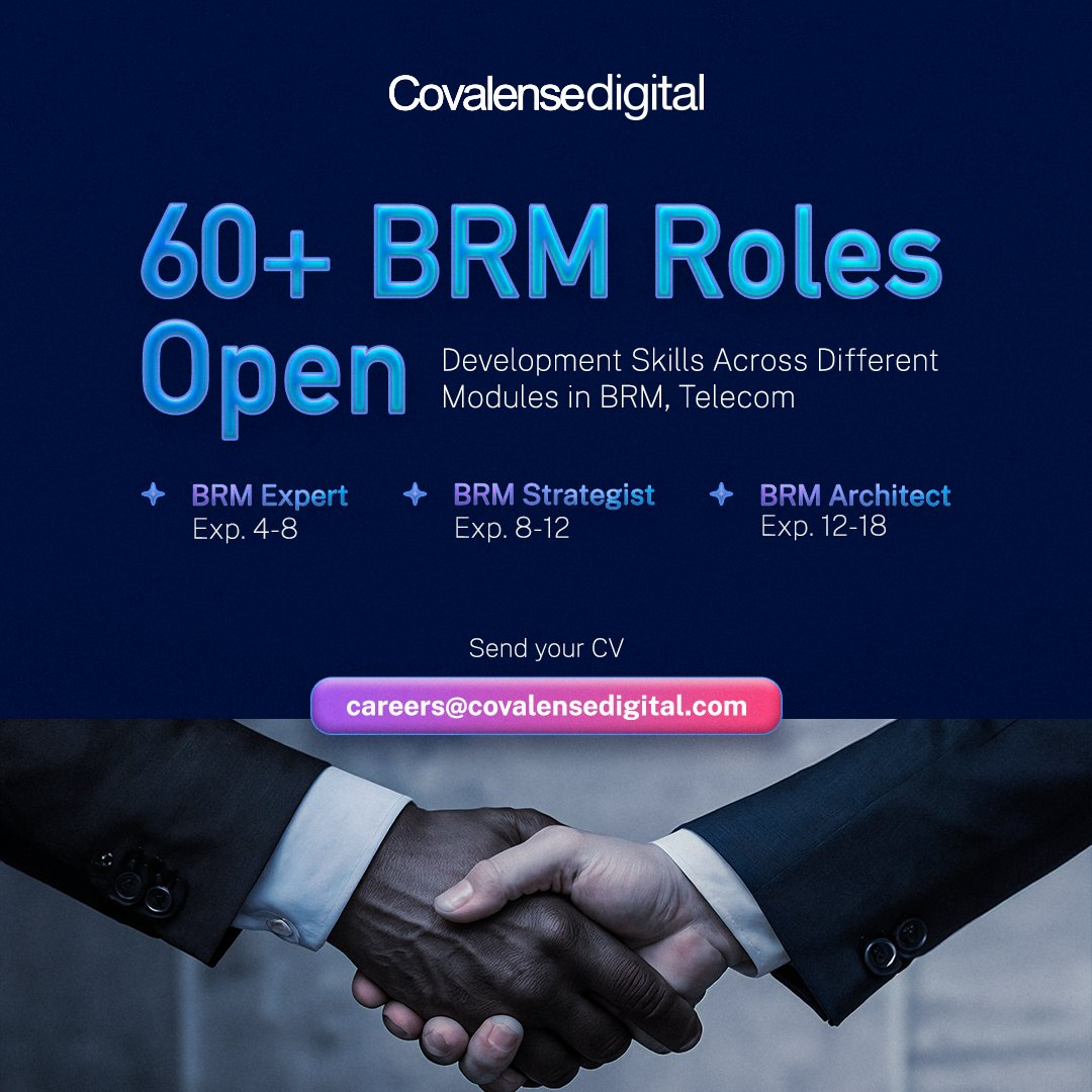 Covalensedigi's tweet photo. We are expanding with 60+ positions in Oracle Billing and Revenue Management, from developers to leads to architects! π―
Interested? Drop your email in the comments or tag a friend who might be a good fit!
#obrm #oraclebilling #revenuemanagement #jobopenings #career #architects https://t.co/PpCapn3jJo
