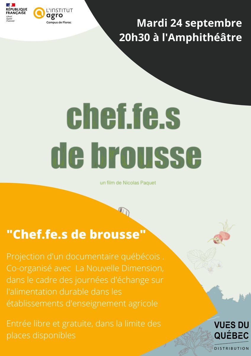 Ce soir projection à 20h30 #Florac : "Chef.fe.s de brousse", documentaire québécois sur les traces de trois chef.fes qui changent le monde.
Co-organisée avec <a href="/LaNouvelleDim/">LaNouvelleDimension</a> , dans le cadre des journées d'échanges sur l'alimentation durable dans l'#enseignementagricole.