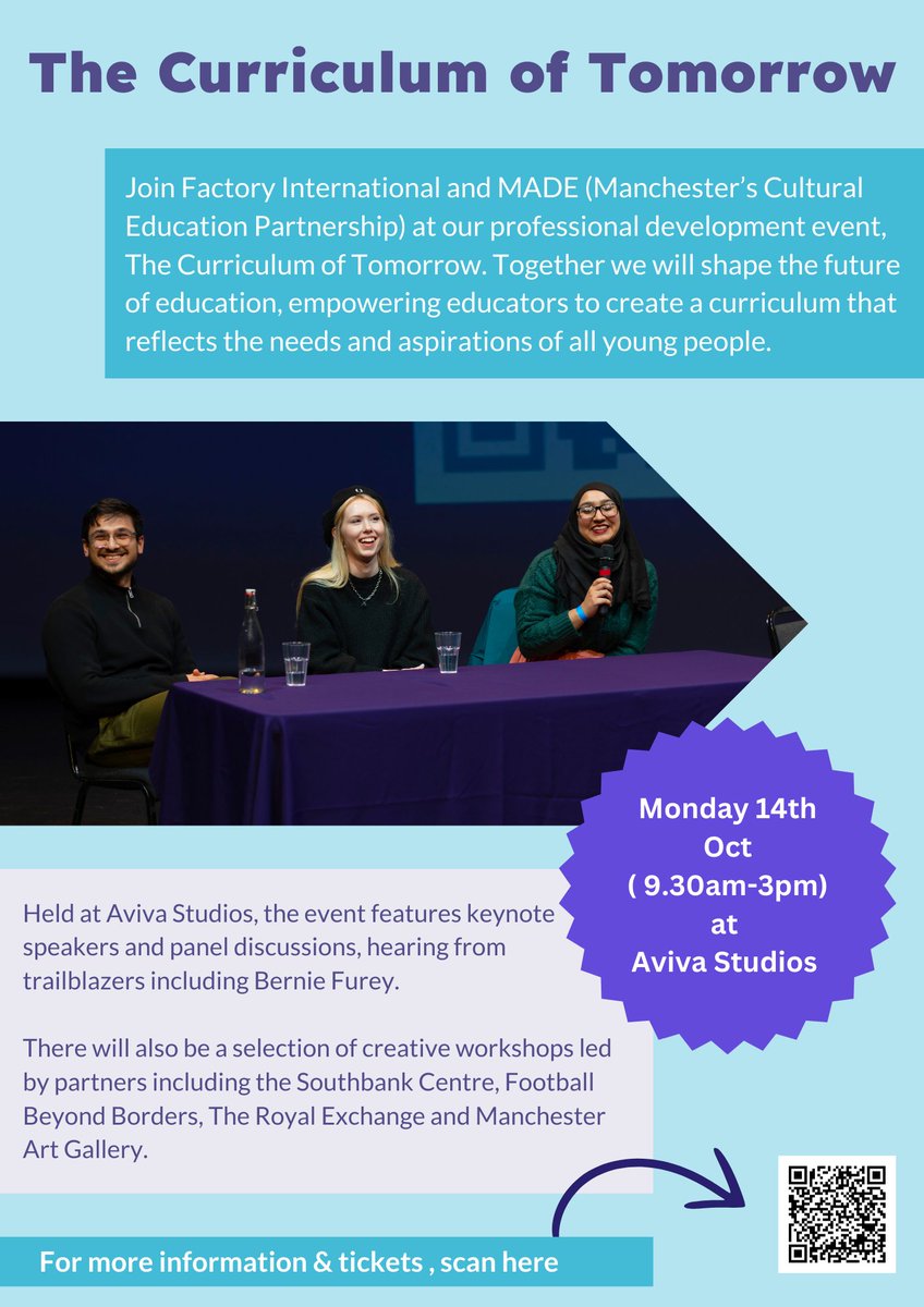 MADE Mcr (@made_mcr) on Twitter photo SPREAD THE WORD! 📢
The Curriculum of Tomorrow is a chance for educators to help shape the future of creative education.
Join us for workshops and panel discussions inc. Burnie Furey, <a href="/mcrartgallery/">Manchester Art Gallery</a> <a href="/southbankcentre/">Southbank Centre</a> <a href="/FBeyondBorders/">Football Beyond Borders</a> and <a href="/rxtheatre/">Royal Exchange Theatre</a> ⚡️
🎟️Book now via <a href="/factoryintl/">Factory International</a> SPREAD THE WORD! 📢
The Curriculum of Tomorrow is a chance for educators to help shape the future of creative education.
Join us for workshops and panel discussions inc. Burnie Furey, <a href="/mcrartgallery/">Manchester Art Gallery</a> <a href="/southbankcentre/">Southbank Centre</a> <a href="/FBeyondBorders/">Football Beyond Borders</a> and <a href="/rxtheatre/">Royal Exchange Theatre</a> ⚡️
🎟️Book now via <a href="/factoryintl/">Factory International</a>