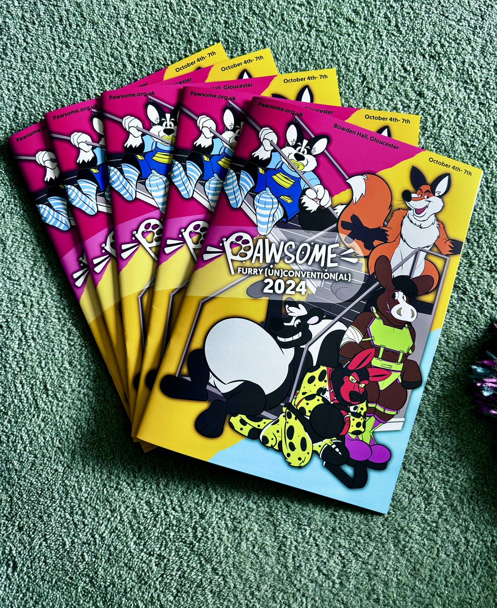 What does a furry con need? A furry con book! Yup, arrived fresh from the printers, 32 pages of fresh ink, filled with lots of information, maps, schedules &amp; times - along with info on sponsors, dealers, mascots (…and a sneaky peak at 2025!) see you all soon! #Pawsome24