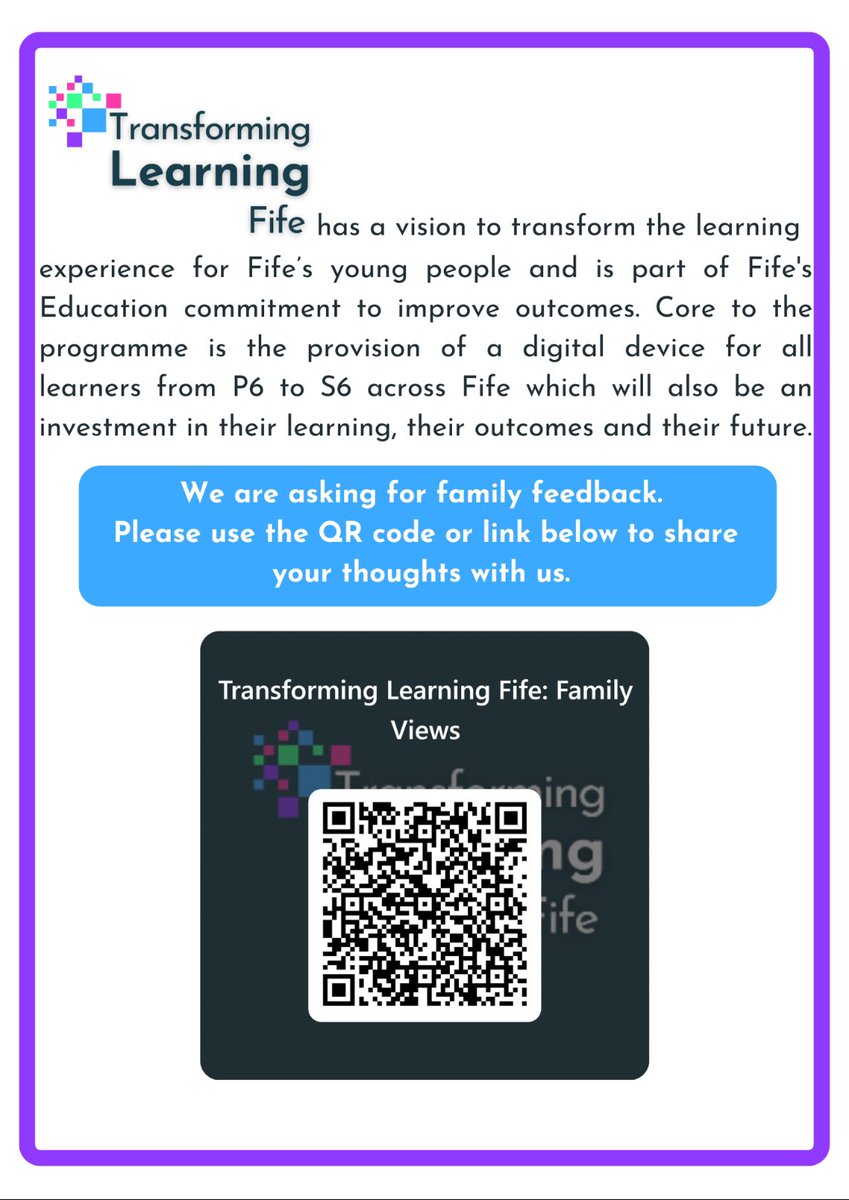 A new and exciting project is developing in Fife. This will impact all pupils in Education - please follow the link below as the views and feedback of our families is vital to this being a success! Thanks in advance 📱💻☺️