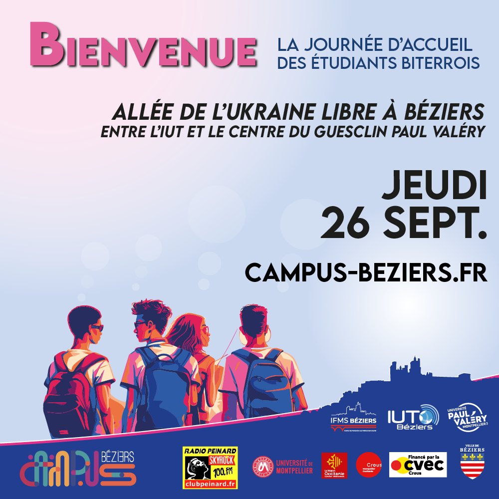 Le jeudi 26 septembre 2024, de 10h à 22h, Campus Béziers organise "BIENVENUE" (Béziers Invite et Encourage les Nouveaux Étudiants), sa première journée d'accueil des étudiants Biterrois, entre l'IUT et le Centre Du Guesclin.

Plus d'informations sur campus-beziers.fr